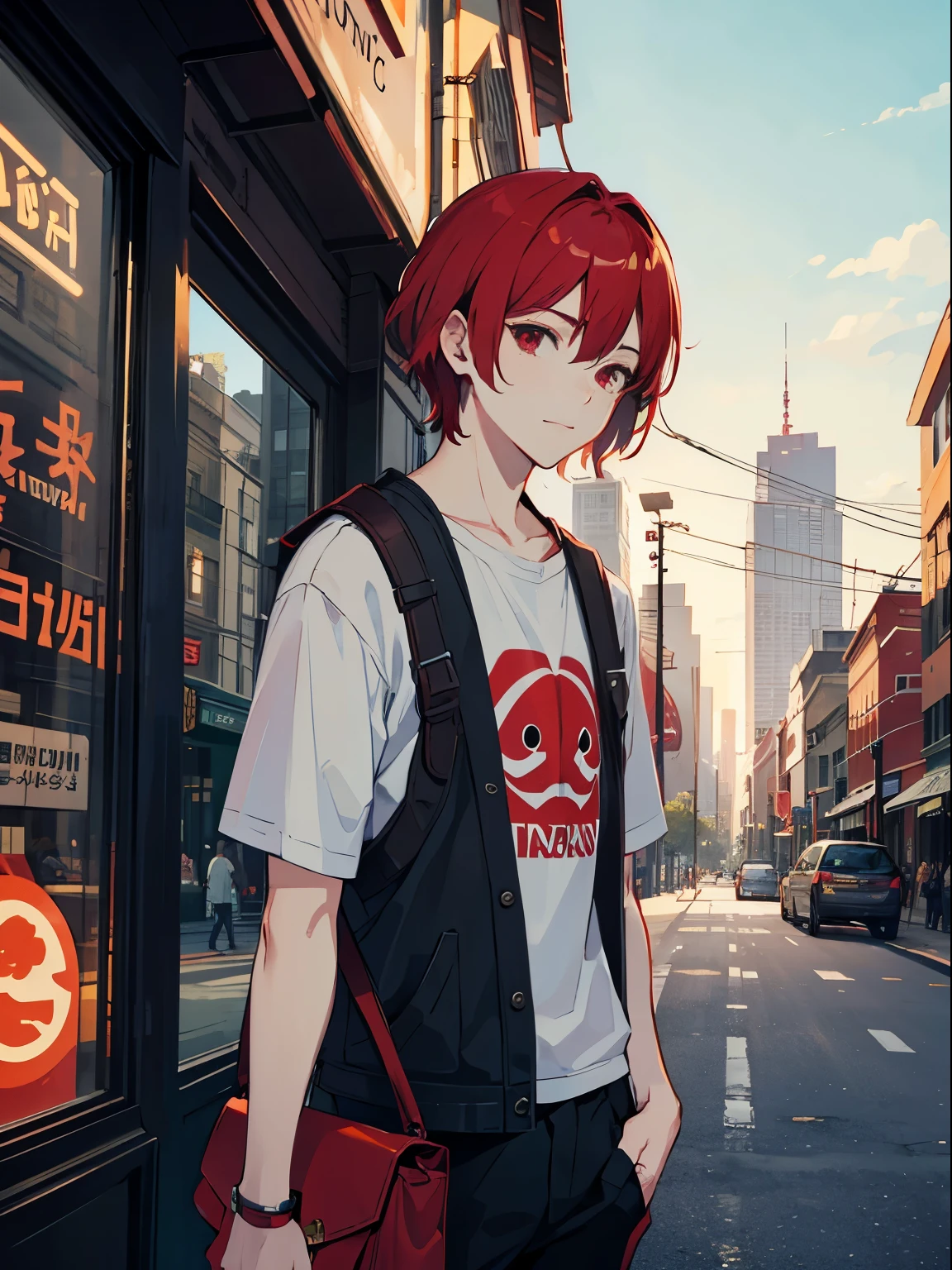 male in his 20s、Red-haired(Semi-long)、Red eyes、droopy dog ears and tail、Casual clothing、time is daytime、City in the background