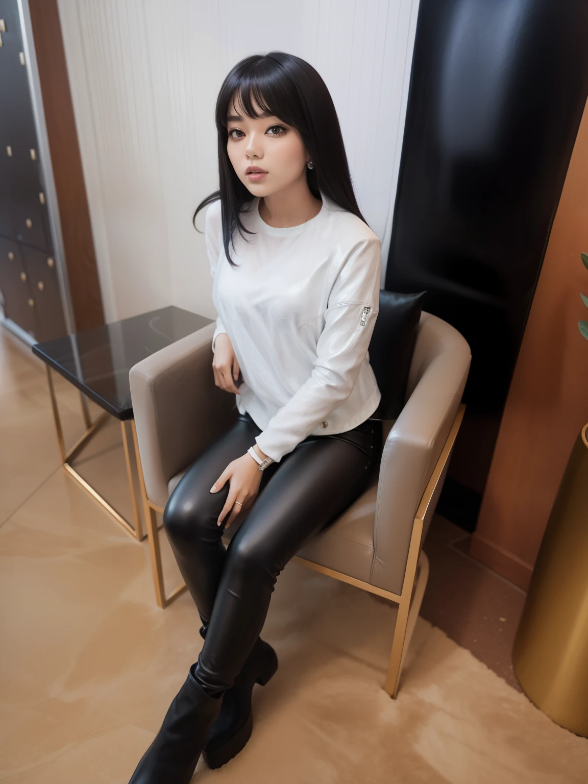 girl sitting, girl on the chair, girl in black leather pants, in a white jacket, silk hair, dark colored hair