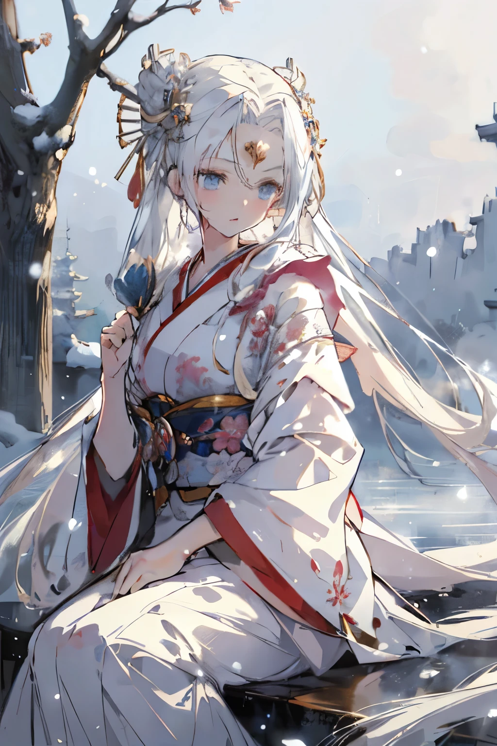 (Best quality,4K,8K,A high resolution,tmasterpiece:1.2),ultra - detailed,(actual,photoactual,photo-actual:1.37), snow landscape, Anime manga girl, 长长Flowing white hair, White-haired fairy, Sit in the snow, White hair floating in the air, Fantasy anime illustration, Flowing white hair, Beautiful youthful temperament, Beautiful fantasy anime, glowing flowing hair, ethereal anime, beautiful anime artwork, Beautiful digital artwork, fantasy anime artwork, ((beautiful fantasy queen)), 2.5D CGI fantasy anime artwork, Japan kimono, Japanese courtesan, nevando，rays of sunshine，Beautiful light and shadow，a sense of atmosphere，Intricate and exquisite clothing，Intricate and exquisite headdress，Holding flowers in hand