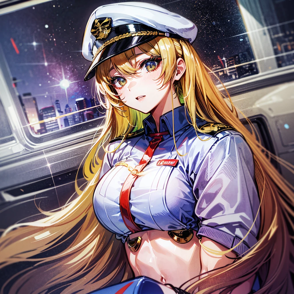 (((masterpiece)))、(((Top image quality)))、(((top-quality)))、(((highly detailed unity 8kwall-paper)))、(Illustration of one woman)、full bodyesbian、30-years old、(((neuter)))、((Blonde twintails))、Light golden eyes、((Tall))、(((Muscular and strong body)))、(((Split abs)))、(((muscular and thick arms)))、(((muscular and thick legs)))、(((manspreading)))、((Military uniforms))、((Military Cap))、((Military coat))、(white clothes)、(White pants)、(White cap)、trench coat、((Inside the spaceship、Sitting in the captain's seat))、(Outside the window、Earth seen from space)