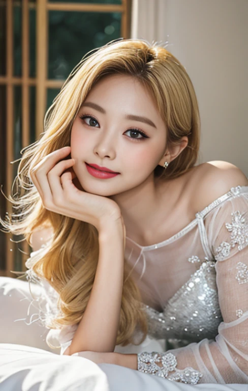 top-quality、masterpiece、超A high resolution、Photorealsitic、Raw foto、1girl in、Sexy appearance、Hair on the shoulders、The lower half is curled and sauvage、Cute smile like a model、Hair color is blonde、Ordinary high heels、Eyes are double、Wearing mascara、Cute pose like a model、Clear face、Gorgeous like a model、Ultimate Beauty、Cute smile、A slight smil、Beautiful face like Tzuyu from TWICE、masuter piece、Best Quality、lyin in bed、Panchira、