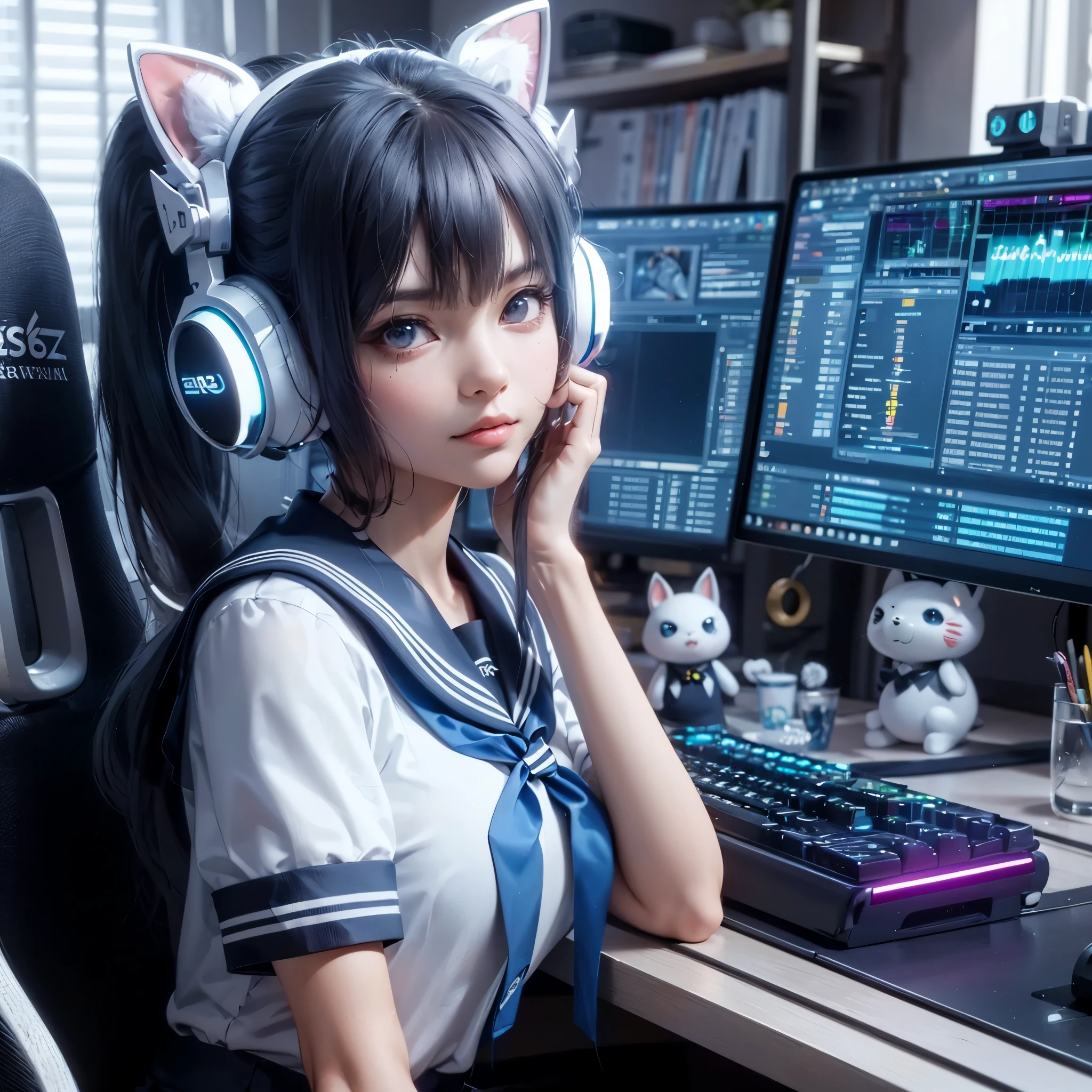 anime girl sitting in front of a computer with headphones on, 3d anime girl, realistic anime 3 d style, cyber school girl, 3 d anime realistic, smooth anime cg art, photorealistic anime girl render, anime styled 3d, trending on cgstation, anime style 4 k, digital anime art, render of a cute 3d anime girl, masterpiece, best quality:1.2),,(8k,highres,RAW photo,realistic,photo-realistic:1.3),(detailed skin texture,detailed cloth texture,beautiful detailed face:1.25),professional lighting,photon mapping,beautiful soft light,radiosity,physically-based rendering,raytracing, model shoot style, model shoot style, (extremely detailed CG unity 8k wallpaper), full shot body photo of the most beautiful artwork in the world