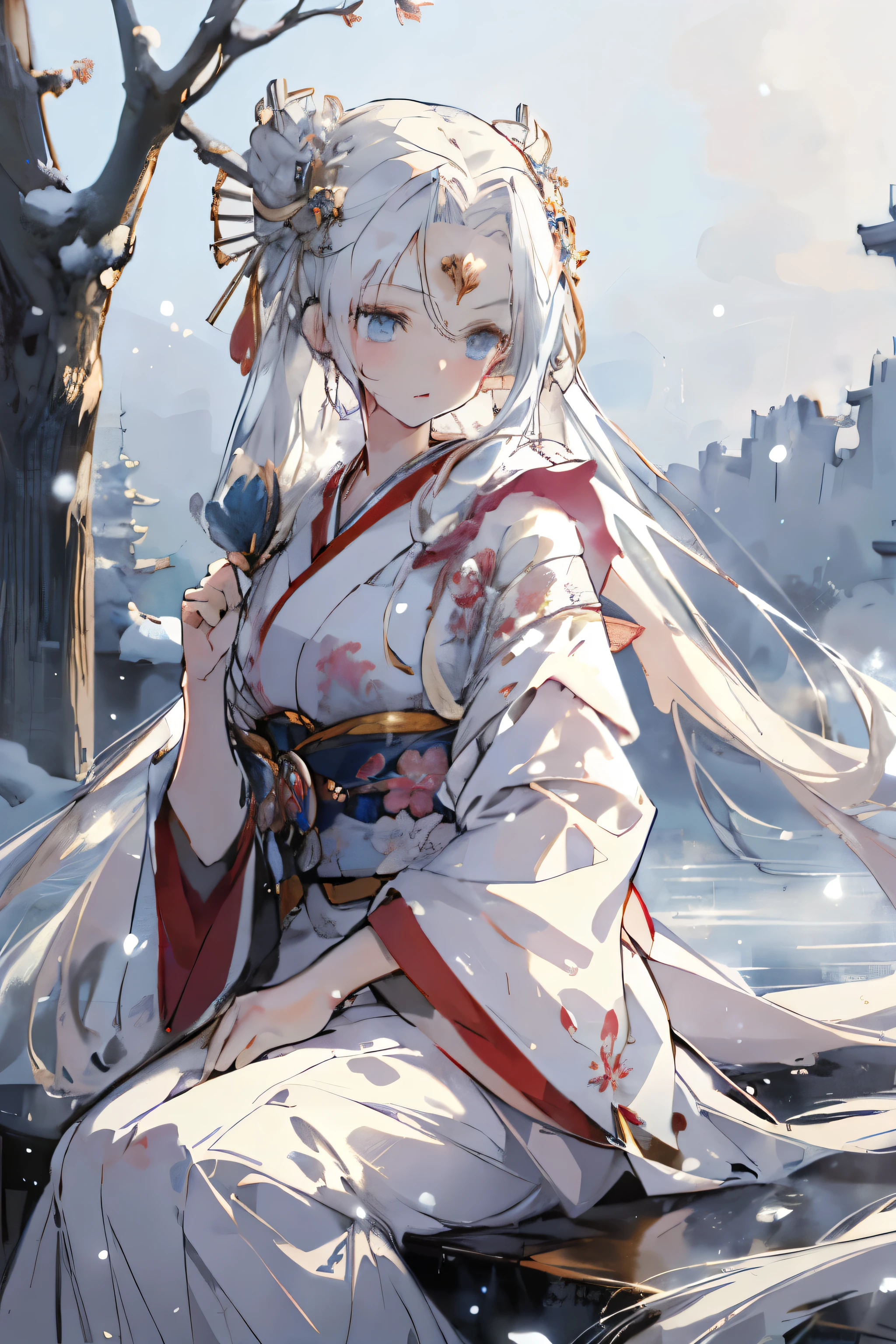 (Best quality at best,4K,8K,A high resolution,tmasterpiece:1.2),ultra - detailed,(actual,photoactual,photo-actual:1.37), snow landscape, Anime manga girl, 长长Flowing white hair, White-haired fairy, Sit in the snow, White hair floating in the air, Fantasy anime illustration, Flowing white hair, Beautiful youthful temperament, Beautiful fantasy anime, glowing flowing hair, ethereal anime, beautiful anime artwork, Beautiful digital artwork, fantasy anime artwork, ((beautiful fantasy queen)), 2.5D CGI fantasy anime artwork, Japan kimono, Japanese courtesan, nevando，rays of sunshine，Beautiful light and shadow，a sense of atmosphere，The clothing is complicated and exquisite，Intricate and delicate headdreslowers in hand