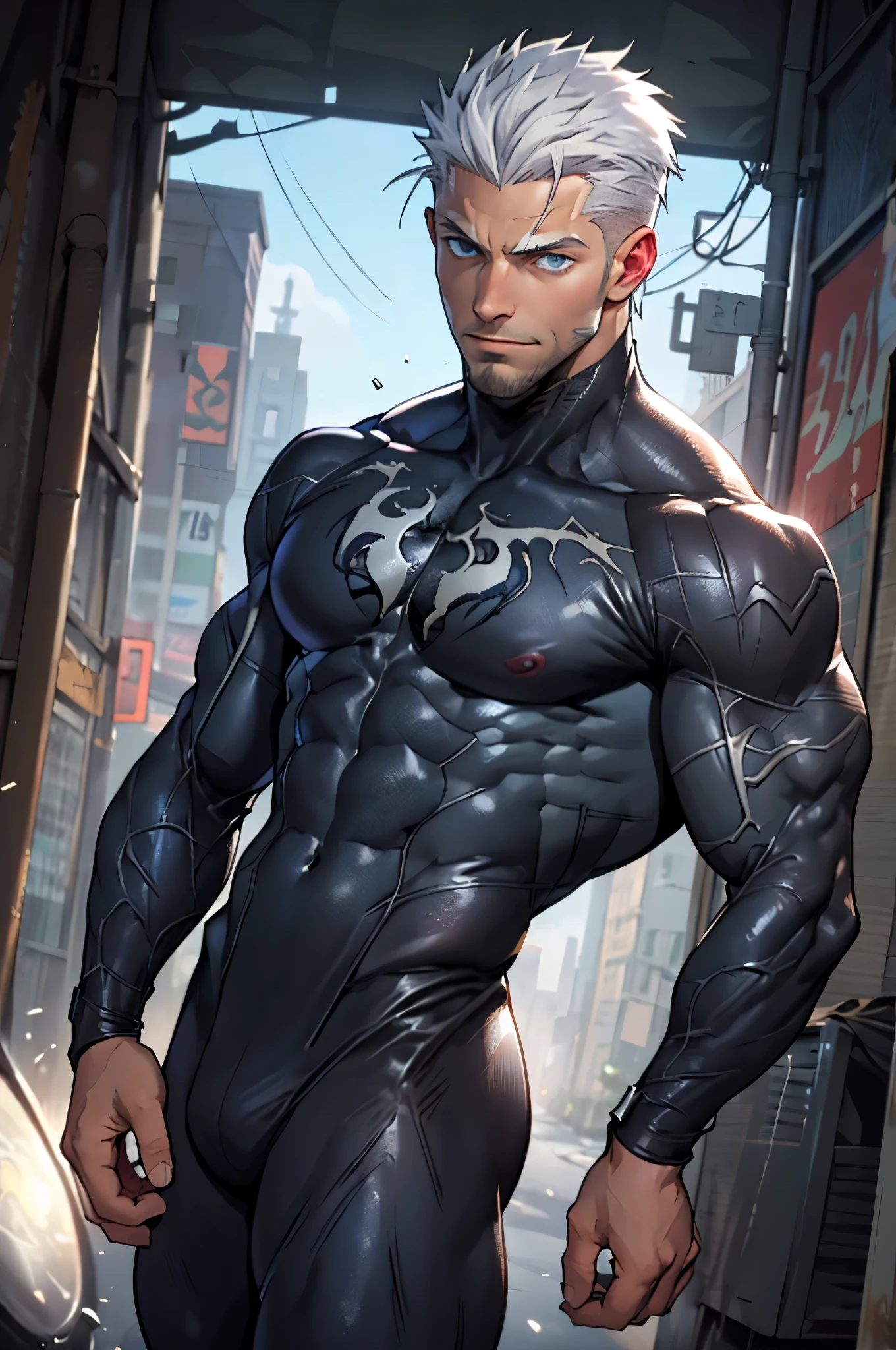 young muscular male, masterpiece, intricate details, upper body, best quality, eye focus, silver hair, manly, stubble, venom, symbiote,(emiya_shiro:1.2),dark skin, 1boy, (symbiote full bodysuit:1.1), eye focus, face, detailed eyes, symbiote skin tight, blue eyes, full body,