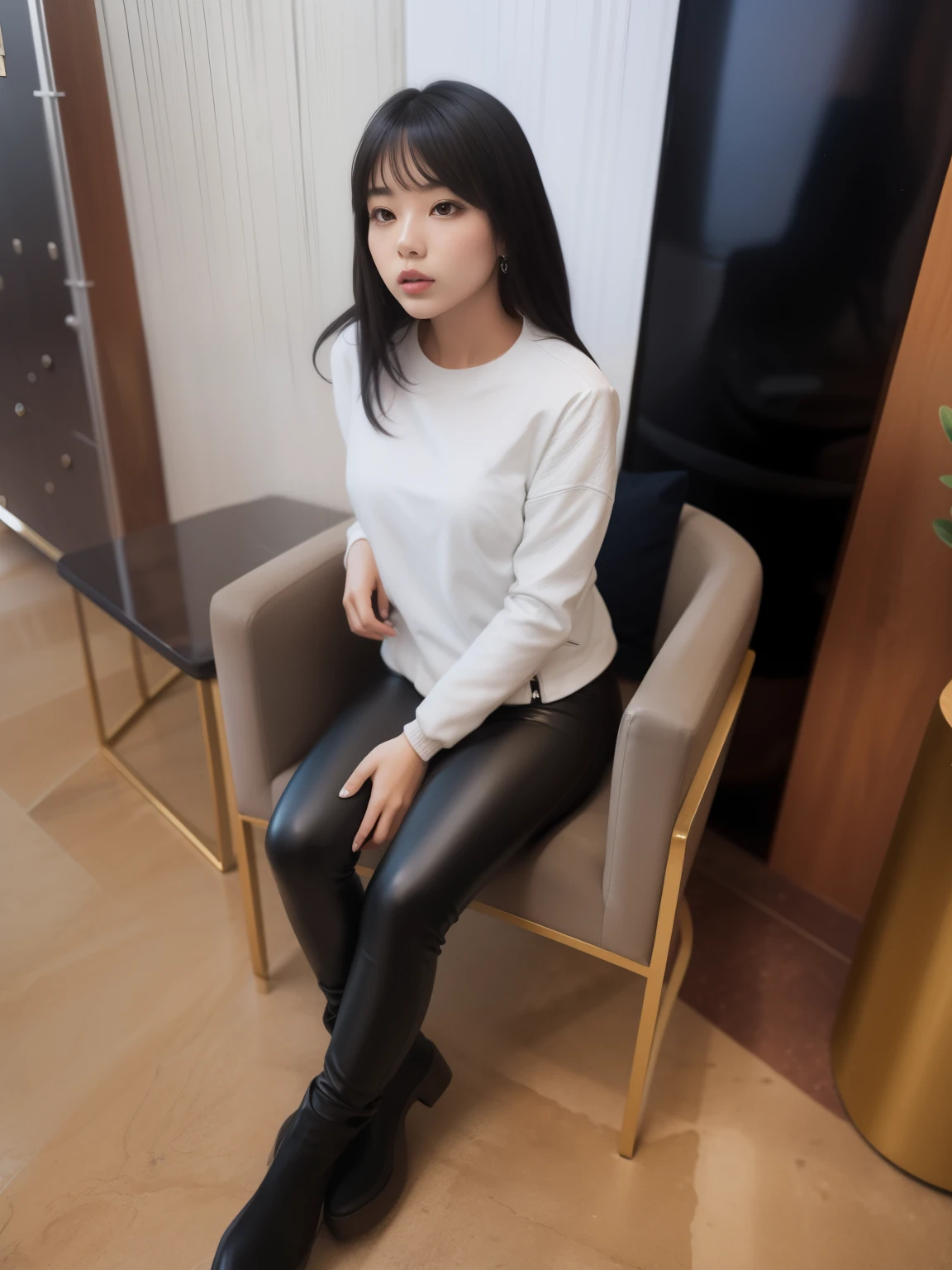 girl sitting, girl on the chair, girl in black leather pants, in a white jacket, silk hair, dark colored hair