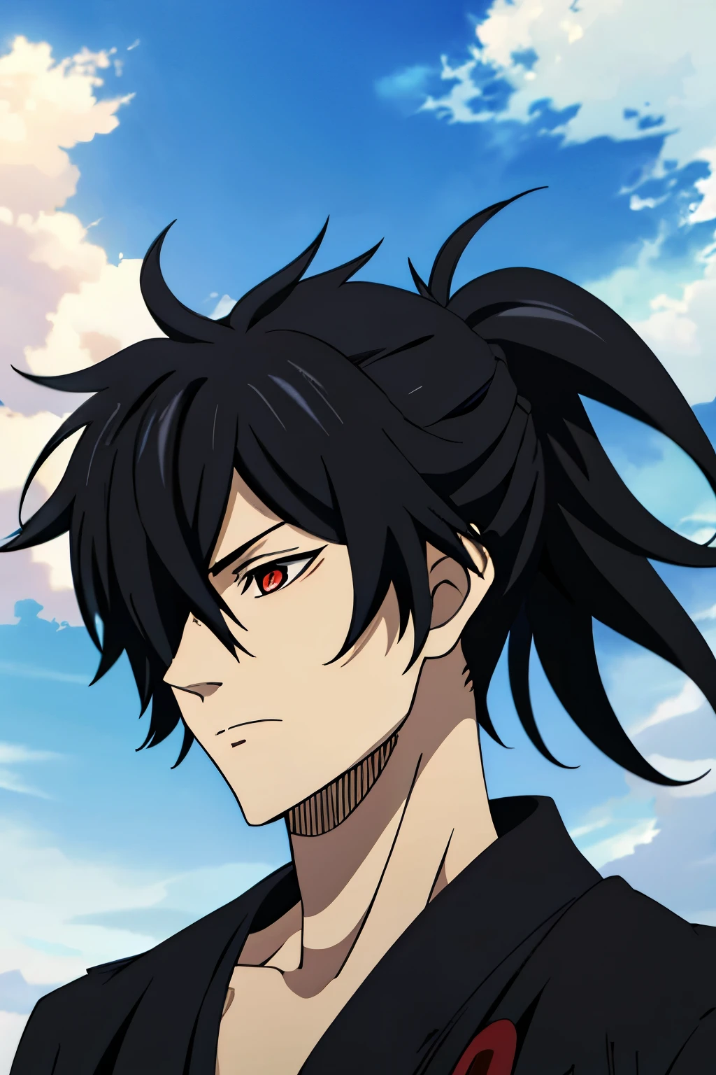 1boy, blue hair, red eyes, hair over one eye hairstyle, samurai ponytail, black trench coat, suit