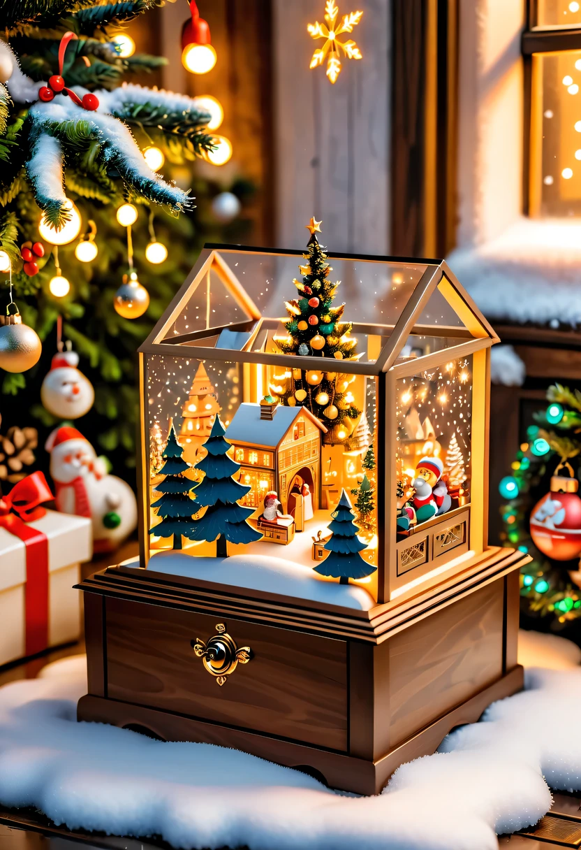 (Best quality,4K,8K,A high resolution,tmasterpiece:1.2),ultra - detailed,(actual,photoactual,photo-actual:1.37),A girl in the Christmas garden,illuminations,(Christmas wooden music box:1.5),Beautifully wrapped Christmas gifts,Sparkling ornaments,Warm winter scene,snowflakes falling,Glowing Christmas lights,Soft color palette,atmosphere,Magic and wonder,sporty attire,传统节日atmosphere