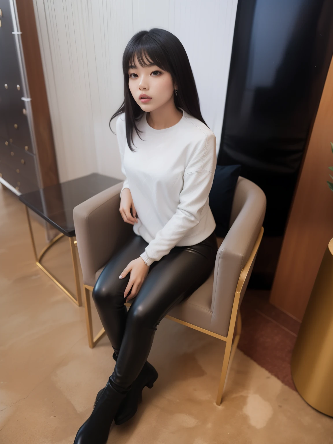 girl sitting, girl on the chair, girl in black leather pants, in a white jacket, silk hair, dark colored hair