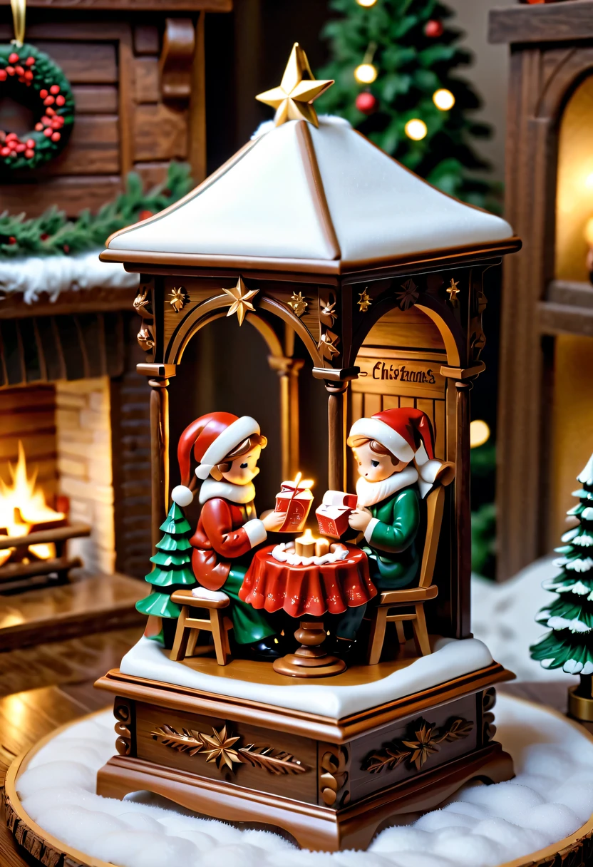 christmas，christmas girl and her christmas gift，Beautiful christmas gift，(actual) christmas wooden music box,[Meticulous carving],Beautiful handmade decorations,retro aesthetic,Magnificent design, complex wood grain,Exquisite craftsmanship,Exquisite hairstyle carving,holiday theme, Captivating melody, Charismatic, festive atmosphere,Soft glowing light, Charming winter scenery, Snow-covered landscape, Twinkling stars,Serene countryside, Cozy cottage, crackling fireplace, Hot cocoa, christmas stockings, happy family gathering, Carefully wrapped gift, Joyful celebration, Magical moments.