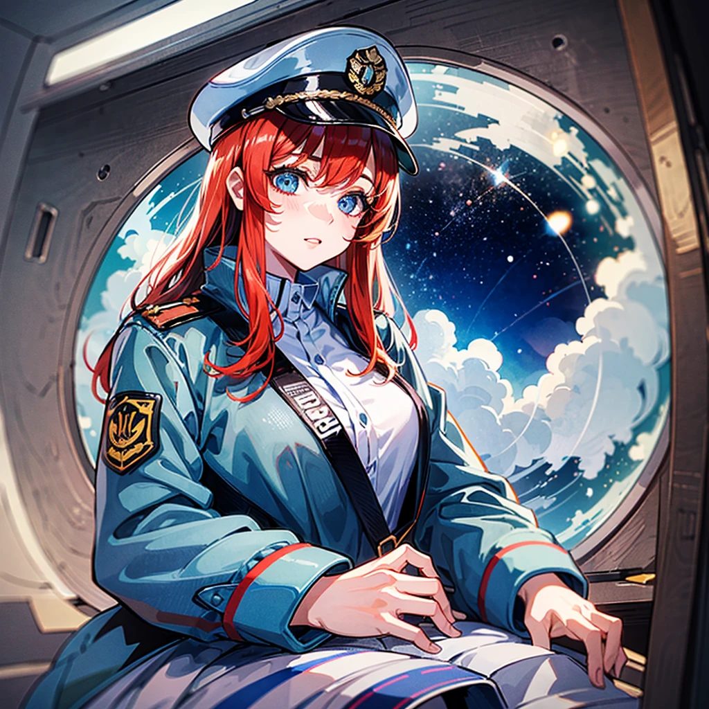 （（（​masterpiece）））、（（（Top image quality）））、（（（top-quality）））、（（（highly detailed unity 8ｋwall-paper）））、（Illustration of one woman）、30-years old、（Viceroy）、（（Red-haired shorthair））、（Thin hair hanging down both sides of the face）、Blue eyes、（（Tall））、（（Muscle Woman、stocky build、muscular legs、broad shoulders、solid chest））、（（Military uniforms））、（（Military Cap））、（（Military coat））、（white  clothes）、（White pants）、（White cap）、trench coat、（（Inside the spaceship））、（The universe outside the window、Earth seen from space）