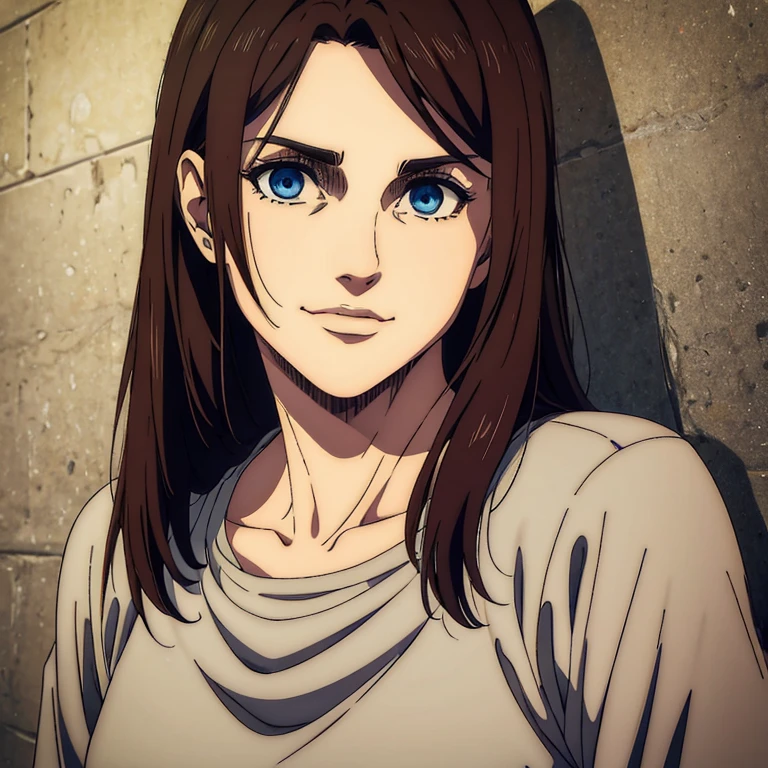 A female character who is younger with brown medium  hair in the Mappa art style. He has detailed  blue eyes. She is depicted in a grey shirt, showcasing a sharp jawline. She is also fair. She is also smiling a little.The artwork should have the best quality, with ultra-detailed and realistic features. The color palette should be vivid, and the lighting should emphasize the character's facial structure and expression.