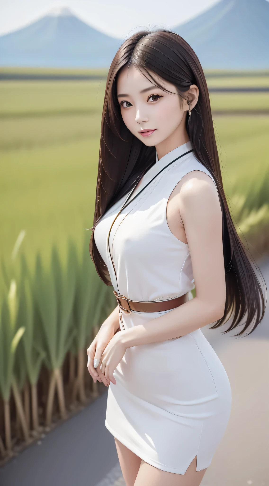 (Refreshing smile:1.5),(Look at viewers:1.1）,）（One Woman）,（hide one's hands:2.0）,(Beautiful Japan Woman）,Thin face and straight nose,（hair behind ear, hair over shoulder, straight haired, Long hair, strong wind in the hair:1.5), （ High neck sleeveless , tight skirts:1.5), （high-heels;1.3), detailed  clothes, (Perfect female body), (Narrow waist:1.5), (Bust Up Portrait:1.3),   Dynamic Pose, Cinematic Light, Sugarcane fields