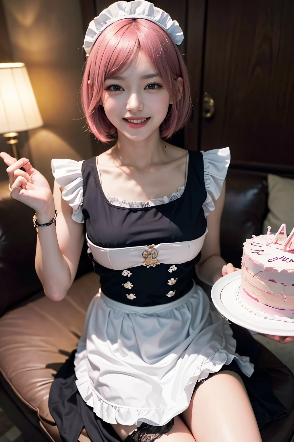 (8K, top-quality, masterpiece:1,2), (reallistic, Photorealsitic:1.37), Super Detail, One girl,), (Highly detailed), (beautifully detailed eyes), (of the highest quality), (super detailed ), (masterpiece), (Detailed face),20yr old, ,1 girl, full body, pink hair,Very short hair, medium breasts, clothed, Perfect Lighting, pussy and breast focus, looking at viewer, maid, maid clothes, maid apron, maid headdress, frilled skirt, ((Birthday cake, handing out a whole cake, seductive smiling))
