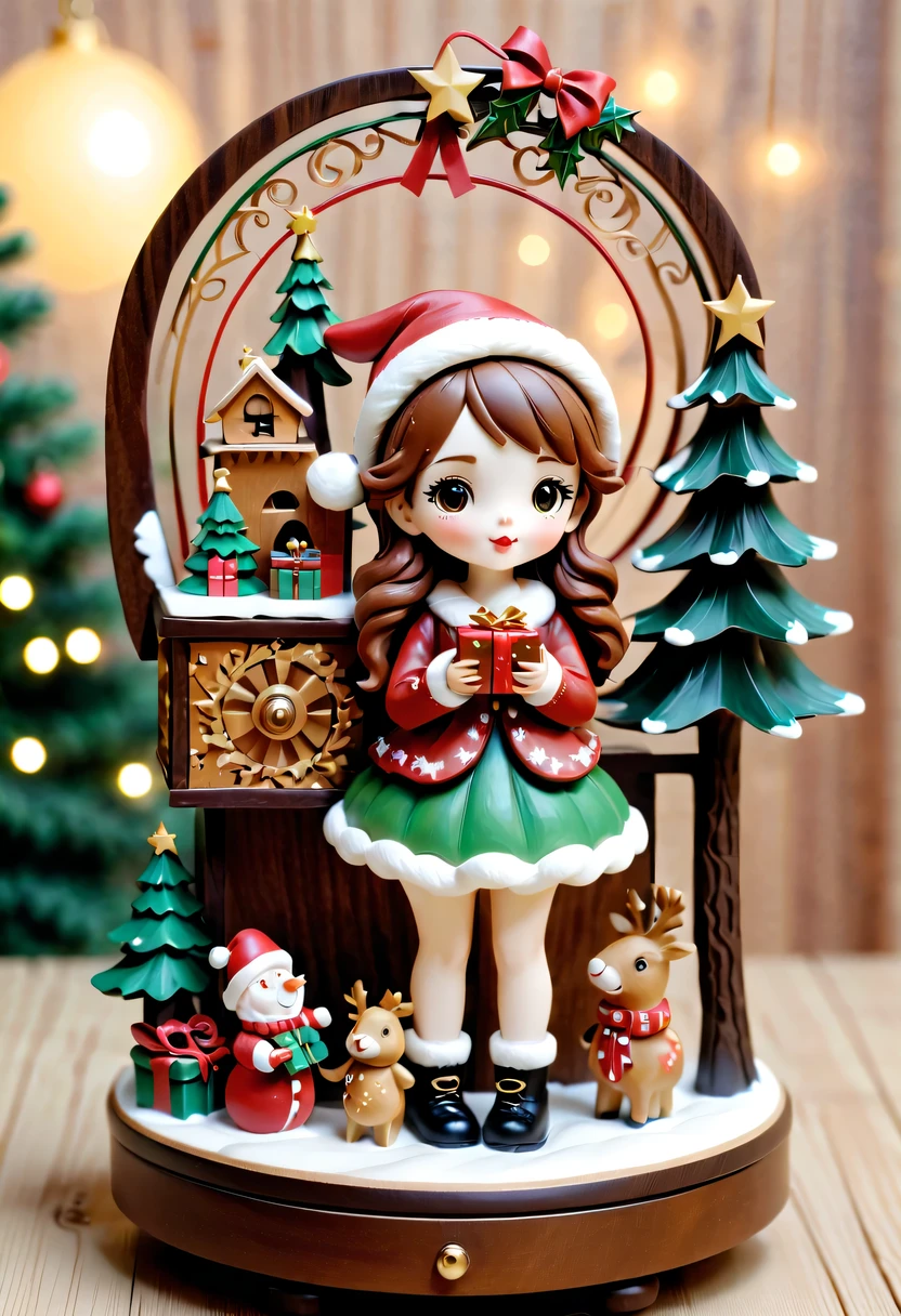 christmas，christmas girl and her christmas gift，Beautiful christmas gift，christmas wood carving music box