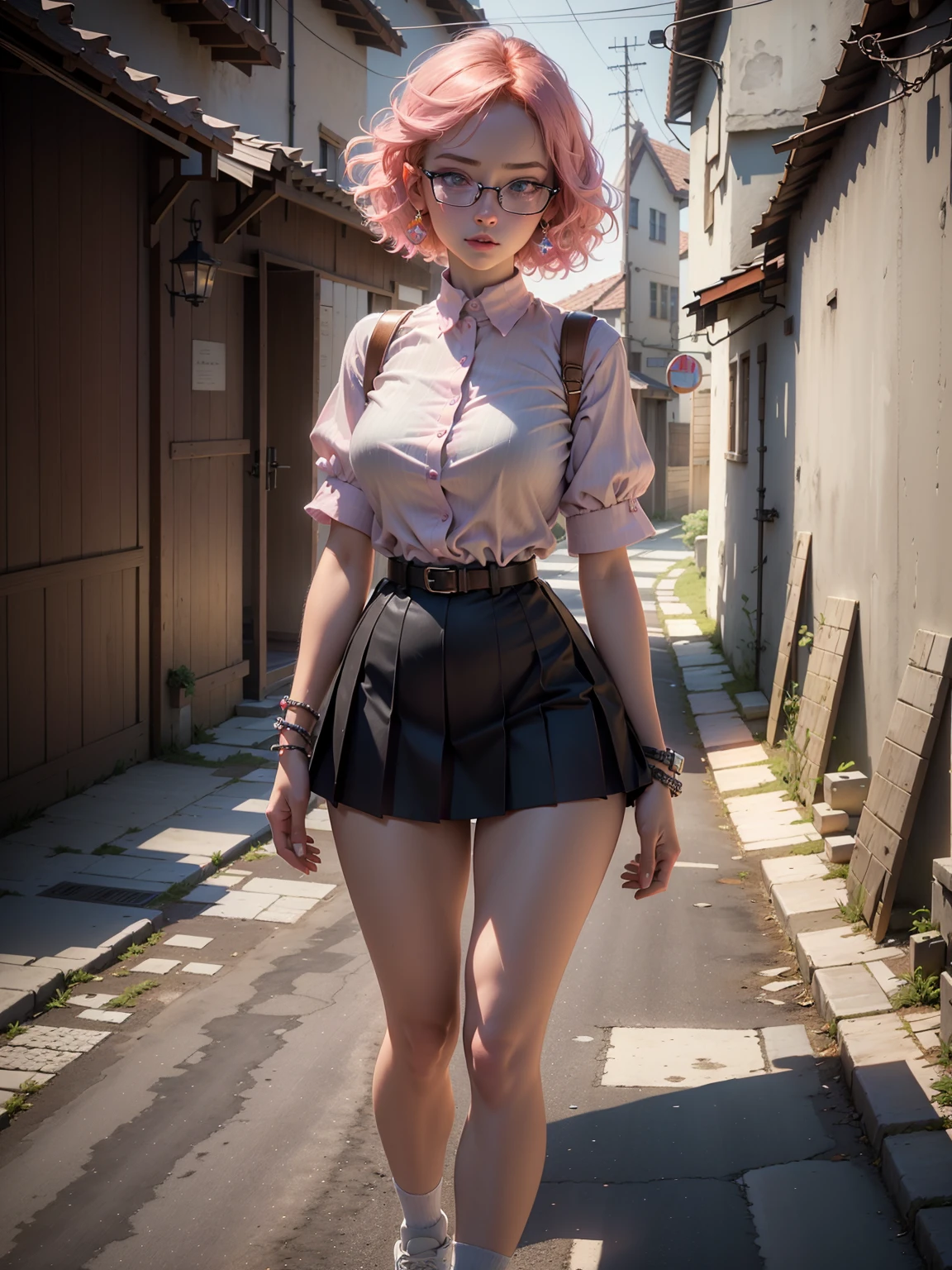 Masterpiece,Best quality,offcial art,Extremely detailed CG unified 8K wallpaper, (hdr:1.4), (Cinematic), (pastel colour, dim colors, soothing tones:1.3), (Natural skin texture, hyper photorealism, Soft light, Sharp),(Extremely detailed), Professional lighting,((1girll,20yr old)), empty village, Cold light,Best quality, Lots of details, Masterpiece, Ultra-detailed, illustration, Realistic, wearing glasses, An extremely delicate and beautiful girl, Beautiful detailed eyes,8K_the wallpaper, Beautiful detailed girl, Beautiful woman short redhead hair defined body big breasts, wearing schoolgirl, walking on the street, empty village, show white sneakers, full body
