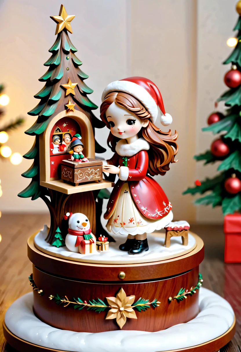 christmas,christmas girl and her christmas gift,Beautiful christmas gift,christmas wood carving music box
