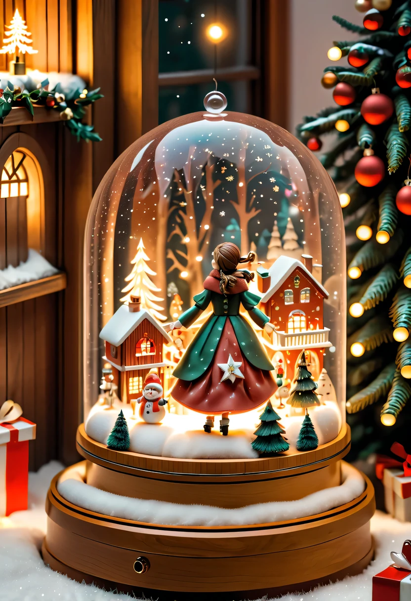 (Best quality,4K,8K,A high resolution,tmasterpiece:1.2),ultra - detailed,(actual,photoactual,photo-actual:1.37),A girl in the Christmas garden,illuminations,(Christmas wooden music box:1.5),Beautifully wrapped Christmas gifts,Sparkling ornaments,Warm winter scene,snowflakes falling,Glowing Christmas lights,Soft color palette,atmosphere,Magic and wonder,sporty attire,传统节日atmosphere