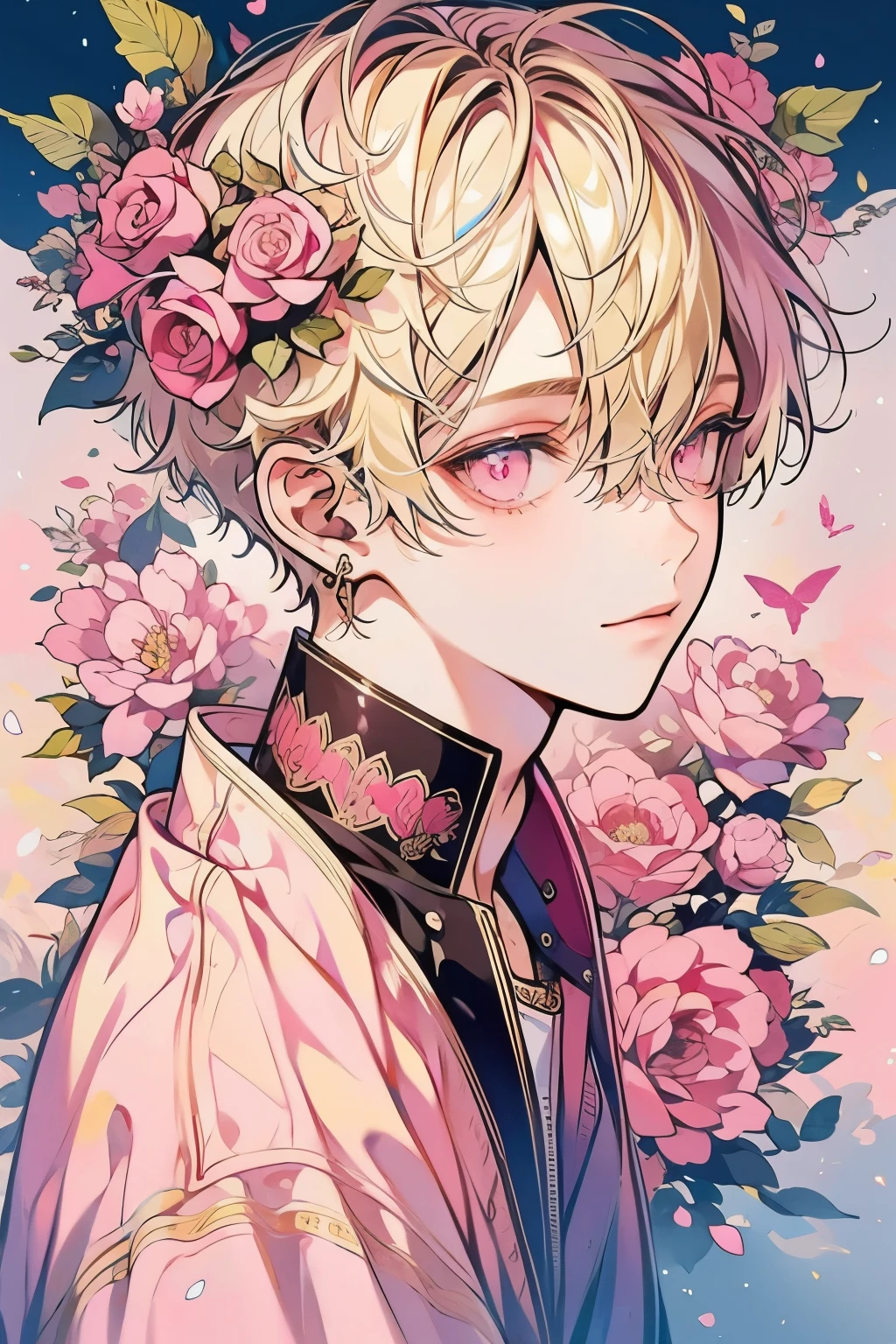 (masutepiece), (Best Quality), Highly detailed, 1 boy, Solo Focus,Perfect face, Beautiful face, extra detailed face,(a blond:1.3),(Pink eyes:1.3),florals,butterflys々,floralsびら,optic,a smile