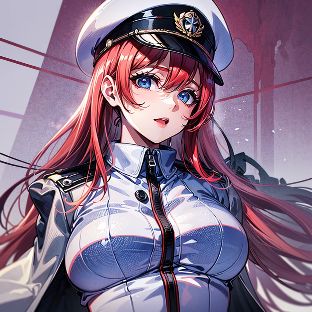 (((masterpiece)))、(((Top image quality)))、(((top-quality)))、(((highly detailed unity 8kwall-paper)))、(Illustration of one woman)、30-years old、(Viceroy)、((Red-haired shorthair))、(Thin hair hanging down both sides of the face)、Blue eyes、((Tall))、((Muscle Woman、stocky build、muscular legs、broad shoulders、solid chest))、((Military uniforms))、((Military Cap))、((Military coat))、(white clothes)、(White pants)、(White cap)、trench coat、((Inside the spaceship))