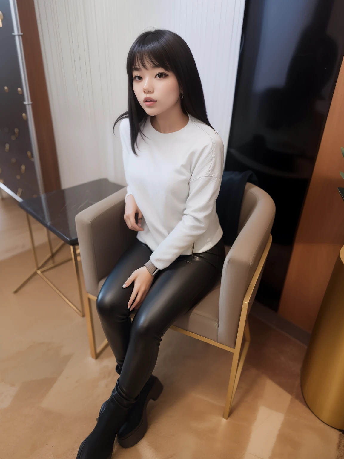 girl sitting, girl on the chair, girl in black leather pants, in a white jacket, silk hair, dark colored hair