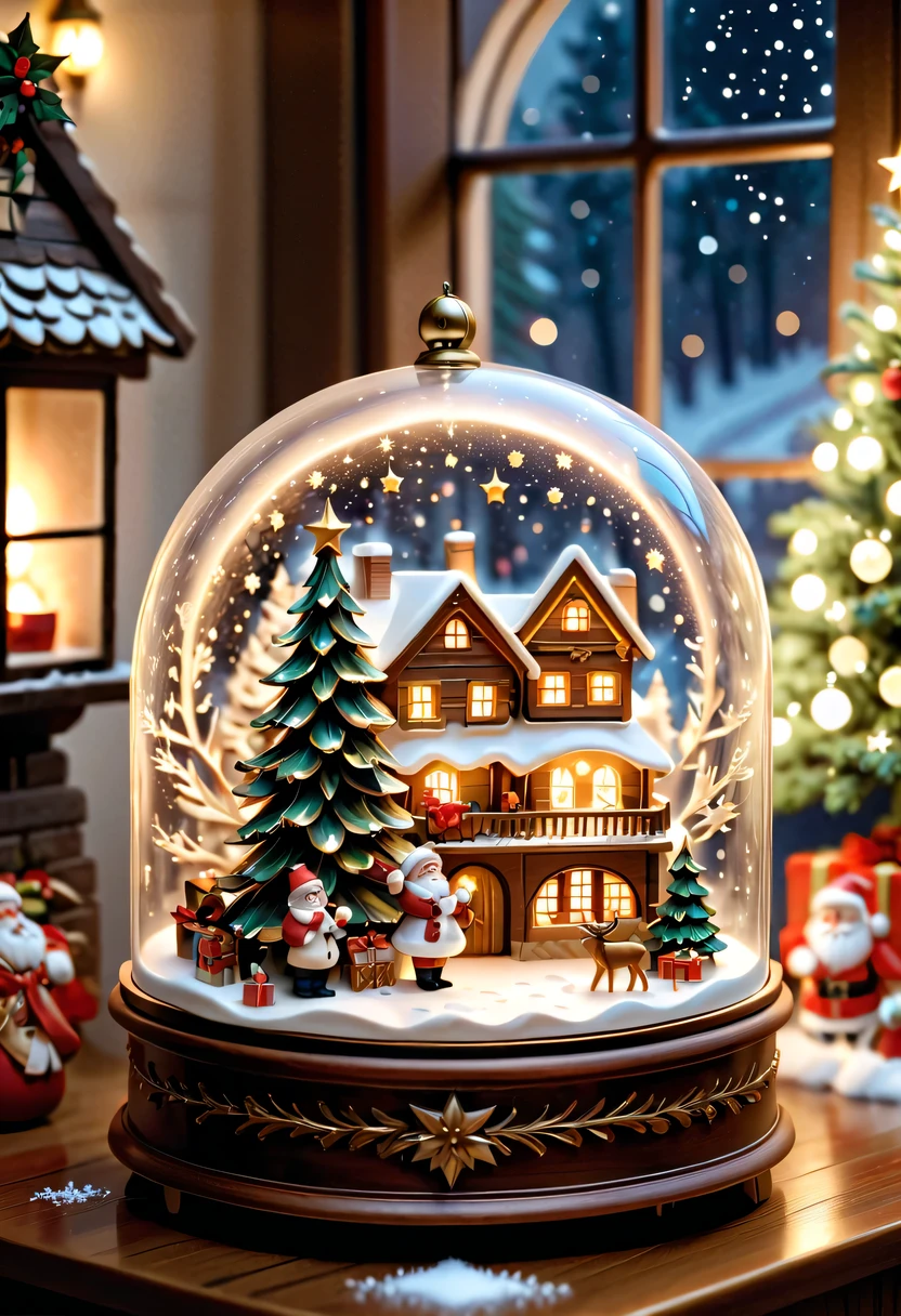 christmas，christmas girl and her christmas gift，Beautiful christmas gift，(actual) christmas wooden music box,[Meticulous carving],Beautiful handmade decorations,retro aesthetic,Magnificent design, complex wood grain,Exquisite craftsmanship,Exquisite hairstyle carving,holiday theme, Captivating melody, Charismatic, festive atmosphere,Soft glowing light, Charming winter scenery, Snow-covered landscape, Twinkling stars,Serene countryside, Cozy cottage, crackling fireplace, Hot cocoa, christmas stockings, happy family gathering, Carefully wrapped gift, Joyful celebration, Magical moments.