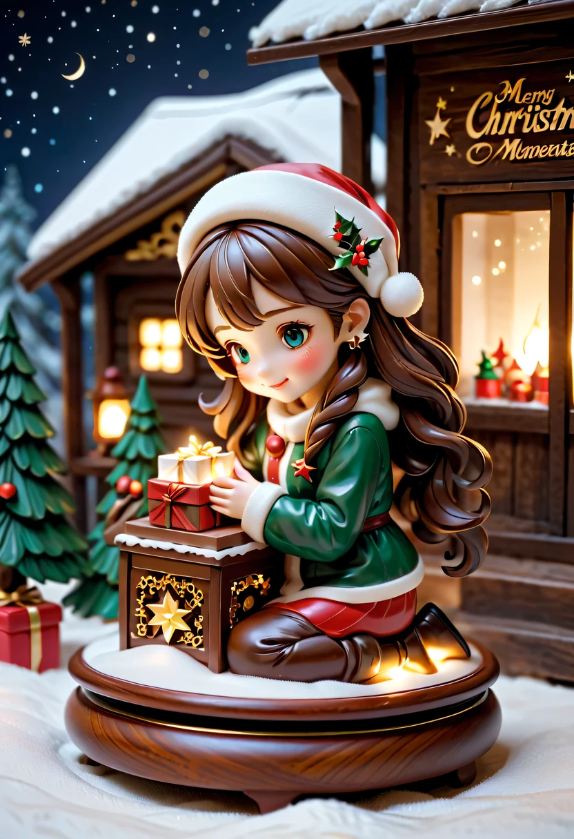christmas，christmas girl and her christmas gift，Beautiful christmas gift，(actual) christmas wooden music box,[Meticulous carving],Beautiful handmade decorations,retro aesthetic,Magnificent design, complex wood grain,Exquisite craftsmanship,Exquisite hairstyle carving,holiday theme, Captivating melody, Charismatic, festive atmosphere,Soft glowing light, Charming winter scenery, Snow-covered landscape, Twinkling stars,Serene countryside, Cozy cottage, crackling fireplace, Hot cocoa, christmas stockings, happy family gathering, Carefully wrapped gift, Joyful celebration, Magical moments.