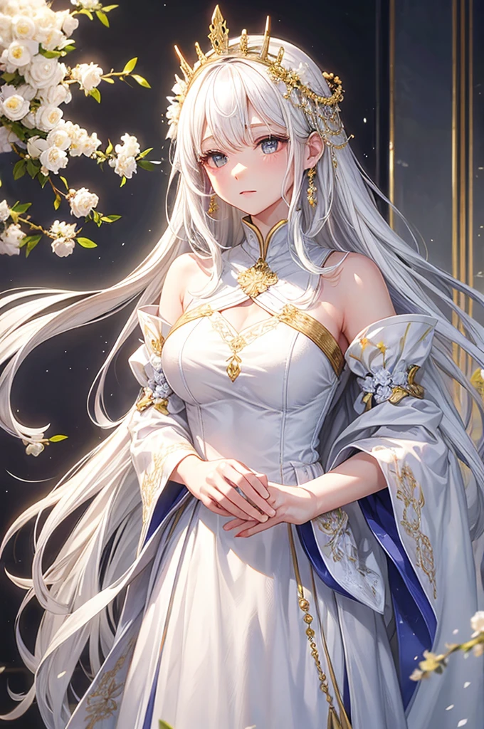 queen、white hair、white dres、Gold decoration、The background is covered in flowers