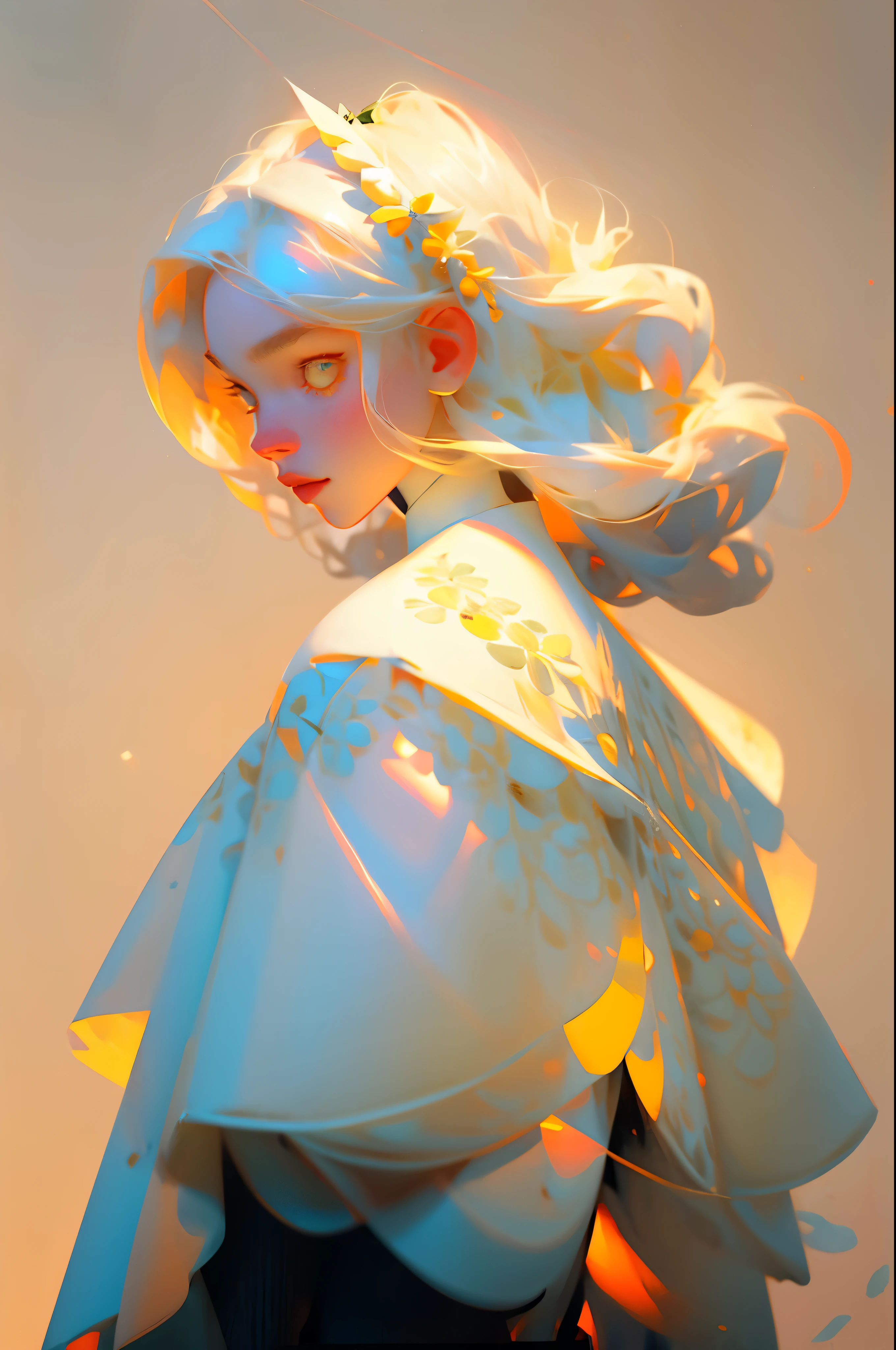 1Woman , portraite of a , nice ass , white colored hair , whitedress , flowers background , Yellow eyes , shingle