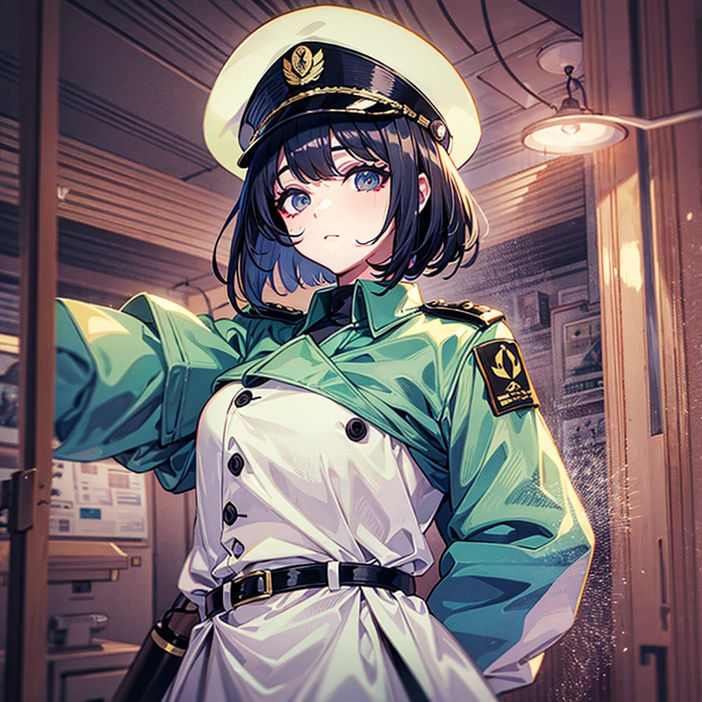 (((masterpiece)))、(((Top image quality)))、(((top-quality)))、((highly detailed unity 8kwall-paper))、(Illustration of one woman)、30-years old、(Viceroy)、Black hair bob cut、(((Gas mask covering the mouth)))、Gray eyes、(((Sanpaku eyes)))、((Tall))、((huge tit))、((Military uniforms))、((Military Cap))、((Military coat))、(white clothes)、(White pants)、(White cap)、trench coat、((Inside the spaceship))、(The universe outside the window、Earth seen from space)