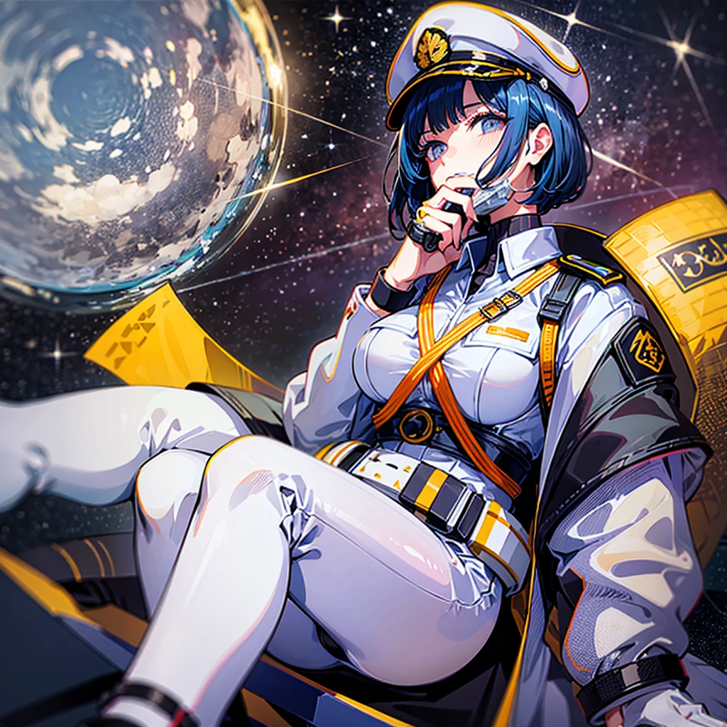 （（（​masterpiece）））、（（（Top image quality）））、（（（top-quality）））、（（highly detailed unity 8ｋwall-paper））、（Illustration of one woman）、30-years old、（Viceroy）、Black hair bob cut、（（（Gas mask covering the mouth）））、Gray eyes、（（（Sanpaku eyes）））、（（Tall））、（（huge tit））、（（Military uniforms））、（（Military Cap））、（（Military coat））、（white  clothes）、（White pants）、（White cap）、trench coat、（（Inside the spaceship））、（The universe outside the window、Earth seen from space）