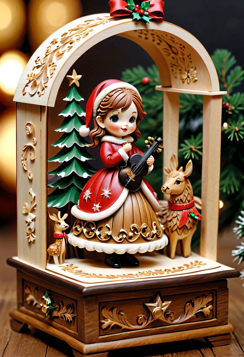christmas,christmas girl and her christmas gift,Beautiful christmas gift,christmas wood carving music box