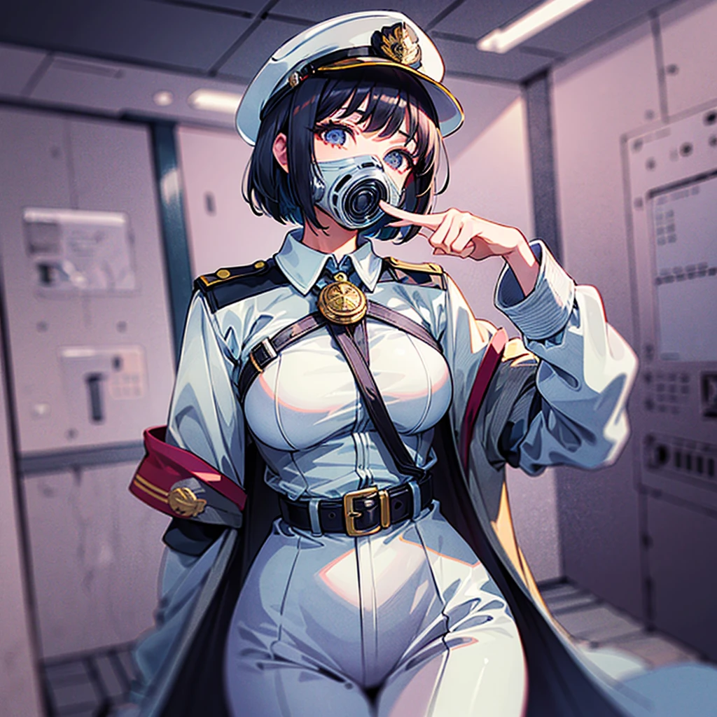 （（（​masterpiece）））、（（（Top image quality）））、（（（top-quality）））、（（highly detailed unity 8ｋwall-paper））、（Illustration of one woman）、30-years old、（Viceroy）、Black hair bob cut、（（（Gas mask covering the mouth）））、Gray eyes、（（（Sanpaku eyes）））、（（Tall））、（（huge tit））、（（Military uniforms））、（（Military Cap））、（（Military coat））、（white  clothes）、（White pants）、（White cap）、trench coat、（（Inside the spaceship））
