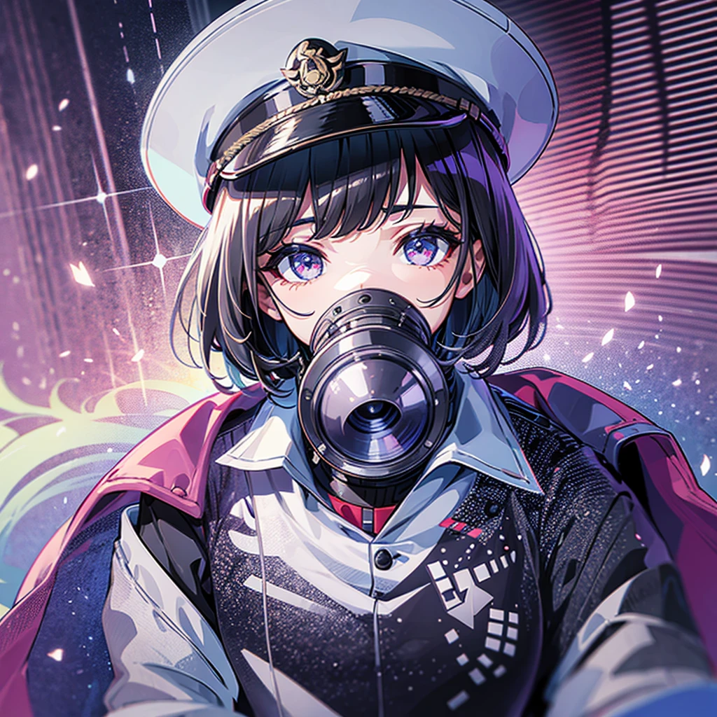 (((masterpiece)))、(((Top image quality)))、(((top-quality)))、((highly detailed unity 8kwall-paper))、(Illustration of one woman)、30-years old、(Viceroy)、Black hair bob cut、(((Gas mask covering the mouth)))、Gray eyes、(((Sanpaku eyes)))、((Tall))、((huge tit))、((Military uniforms))、((Military Cap))、((Military coat))、(white clothes)、(White pants)、(White cap)、trench coat、((Inside the spaceship))