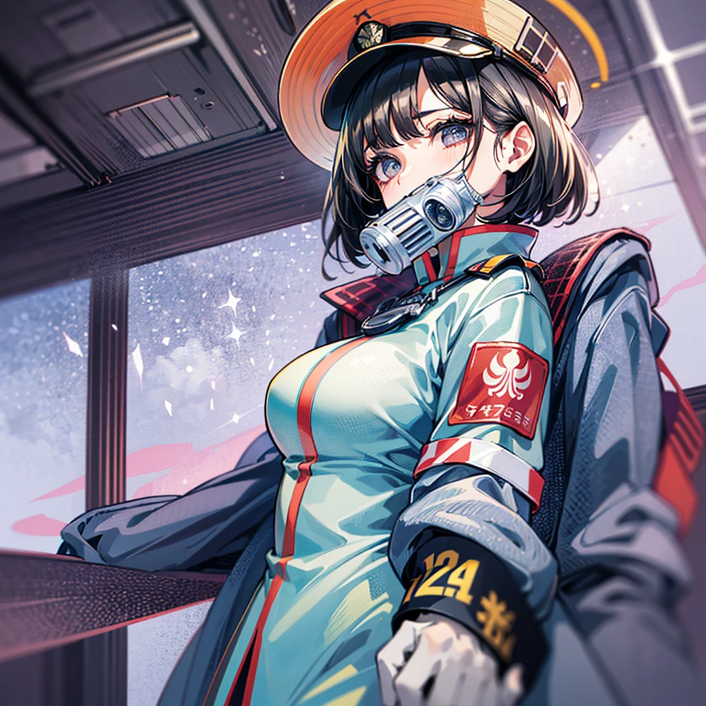 (((masterpiece)))、(((Top image quality)))、(((top-quality)))、((highly detailed unity 8kwall-paper))、(Illustration of one woman)、30-years old、(Viceroy)、Black hair bob cut、(((Gas mask covering the mouth)))、Gray eyes、(((Sanpaku eyes)))、((Tall))、((huge tit))、((Military uniforms))、((Military Cap))、((Military coat))、(white clothes)、(White pants)、(White cap)、trench coat、((Inside the spaceship))