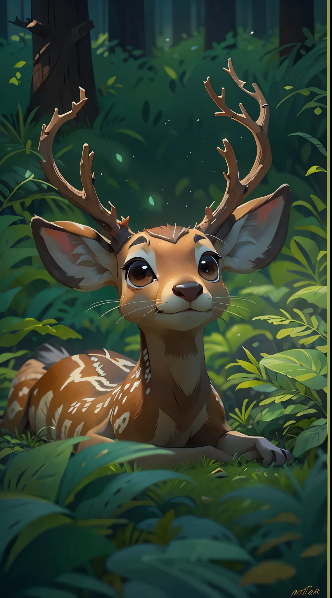 A cute sika deer,Lie down,Lying,Go to bed,In the forest,up front view, closeup cleavage, Pixar cinematic style, Best quality at best, cinematic Film still from, the night,natta,during night,Forest clearings,themoon,