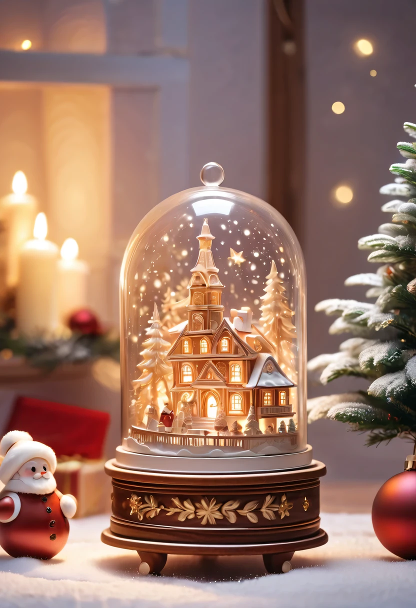 christmas，christmas girl and her christmas gift，Beautiful christmas gift，(actual) christmas wooden music box,[Meticulous carving],Beautiful handmade decorations,retro aesthetic,Magnificent design, complex wood grain,Exquisite craftsmanship,Exquisite hairstyle carving,holiday theme, Captivating melody, Charismatic, festive atmosphere,Soft glowing light, Charming winter scenery, Snow-covered landscape, Twinkling stars,Serene countryside, Cozy cottage, crackling fireplace, Hot cocoa, christmas stockings, happy family gathering, Carefully wrapped gift, Joyful celebration, Magical moments.