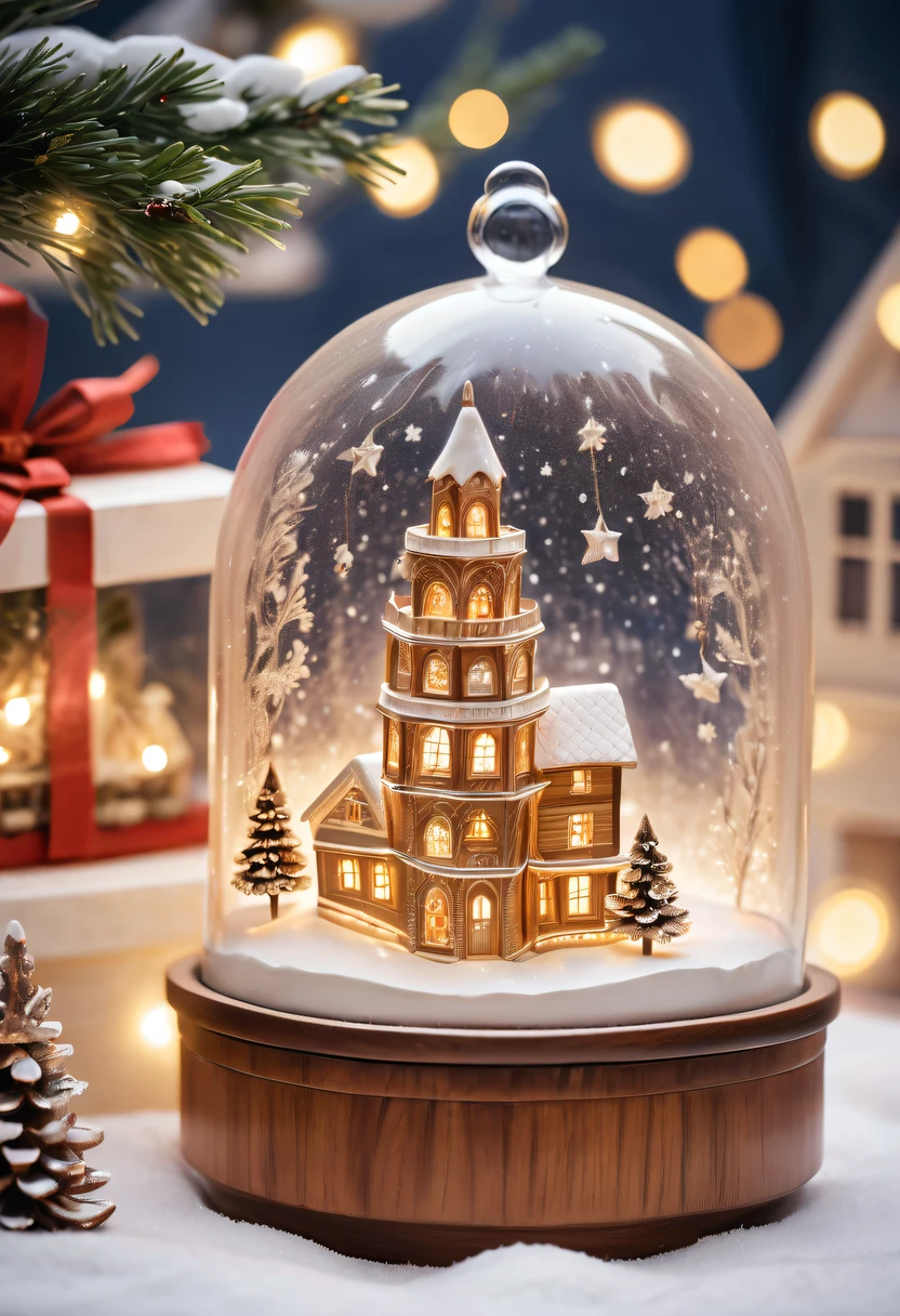 christmas，christmas girl and her christmas gift，Beautiful christmas gift，(actual) christmas wooden music box,[Meticulous carving],Beautiful handmade decorations,retro aesthetic,Magnificent design, complex wood grain,Exquisite craftsmanship,Exquisite hairstyle carving,holiday theme, Captivating melody, Charismatic, festive atmosphere,Soft glowing light, Charming winter scenery, Snow-covered landscape, Twinkling stars,Serene countryside, Cozy cottage, crackling fireplace, Hot cocoa, christmas stockings, happy family gathering, Carefully wrapped gift, Joyful celebration, Magical moments.