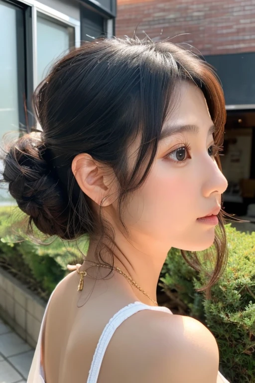 Dark brown hair、Light brown eyes、The face of a 21-year-old Japanese actress、 Lady、、(Intricate details:1.2)、(Which one is on top??:1.4)、 (Ultra-high resolution:1.2)、Ultra-high resolution、(Fine-tune)、(Detailed facial features)、8k resolution、B cup size breasts、Long Hair、Updostyle, Updo、Hair Bun、1 girl, Deep sorrowの表情, (Very detailed美しい顔), (Nightwear:1.4)、(Exposing shoulders:1.3), (Highest quality:1.4), (Very detailed)、Beautiful fair skin with transparency, Are sleeping、Top view、 Please open your mouth a little、Deep sorrow、Pose of Weakness、White floor、White wall、The morning sun shines in、Please lie down and sleep