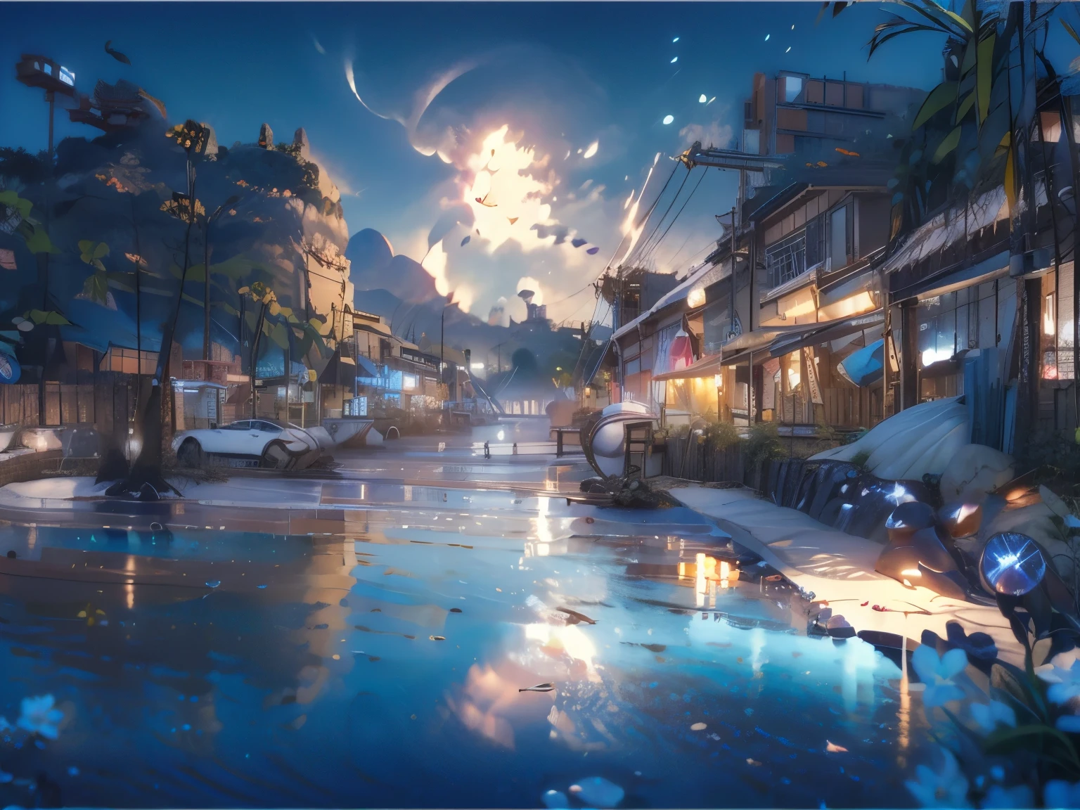 the night,red coloantern,Koi,gold coins