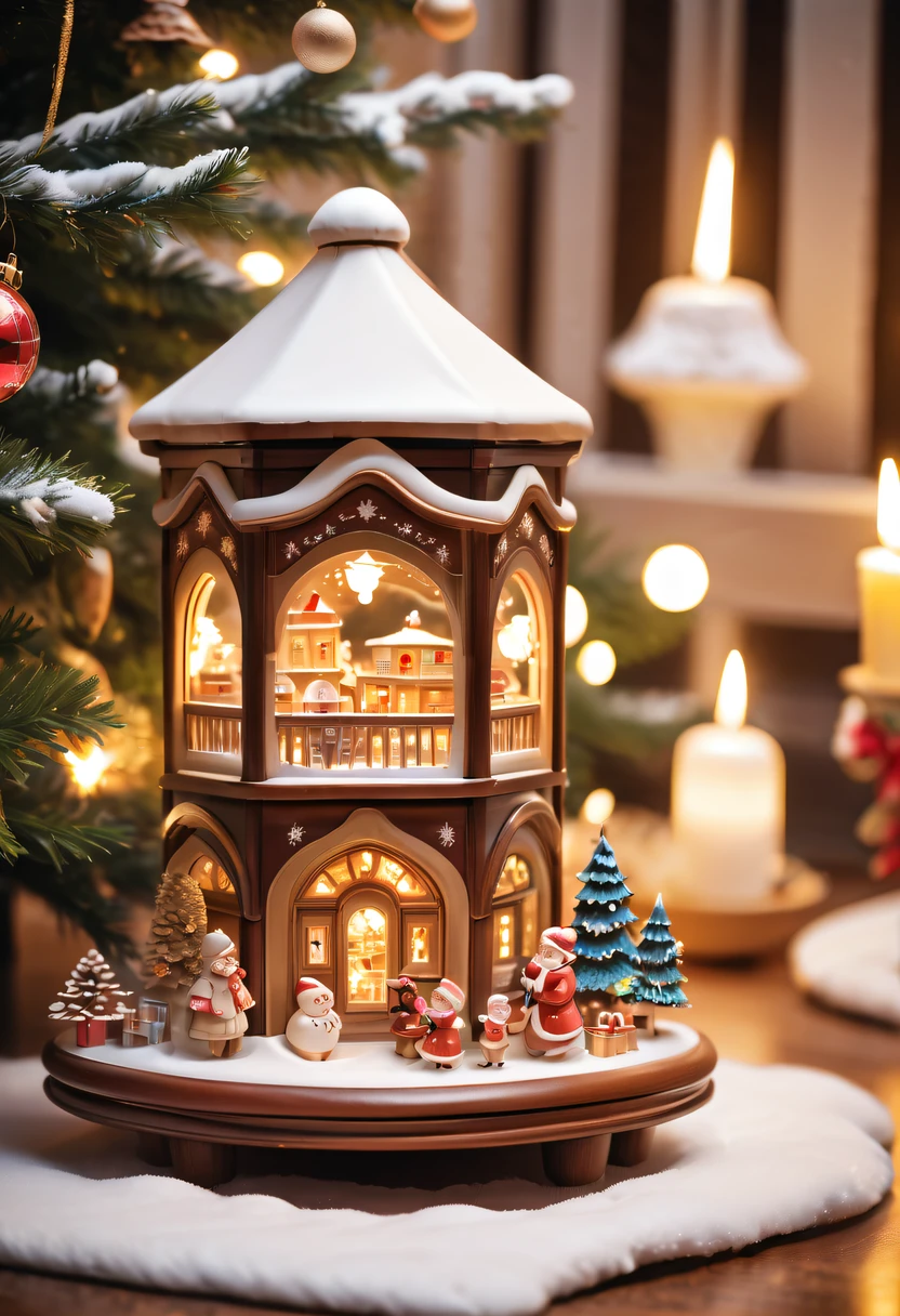 christmas，christmas girl and her christmas gift，Beautiful christmas gift，(actual) christmas wooden music box,[Meticulous carving],Beautiful handmade decorations,retro aesthetic,Magnificent design, complex wood grain,Exquisite craftsmanship,Exquisite hairstyle carving,holiday theme, Captivating melody, Charismatic, festive atmosphere,Soft glowing light, Charming winter scenery, Snow-covered landscape, Twinkling stars,Serene countryside, Cozy cottage, crackling fireplace, Hot cocoa, christmas stockings, happy family gathering, Carefully wrapped gift, Joyful celebration, Magical moments.