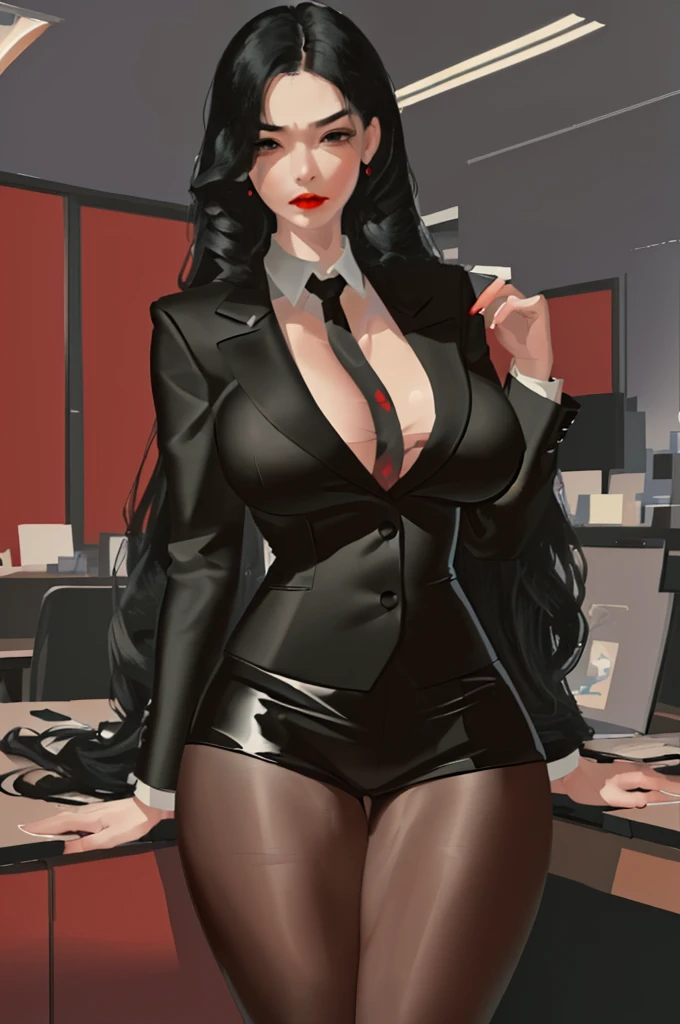 (masterpiece, best quality), 1girl, tall girl, black hair, long hair, curly hair, voluptuous body, large breasts, red lips, black business suit, serious, stern face, office