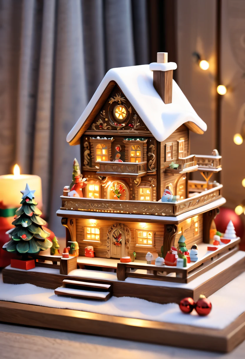 (actual) Christmas wooden music box,[Meticulous carving],Beautiful handmade decorations,retro aesthetic,magnificent design, complex wood grain,delicate craftsmanship,exquisite coiffure engraving,holiday theme, Captivating melody, nostalgic appeal, festive atmosphere,Soft glowing light, Charming winter scenery, Snow-covered landscape, Twinkling stars,Serene countryside, Cozy cottage, crackling fireplace, Hot cocoa, Christmas stockings, Happy family gathering, Carefully wrapped gift, Joyous celebration, Magical moments.