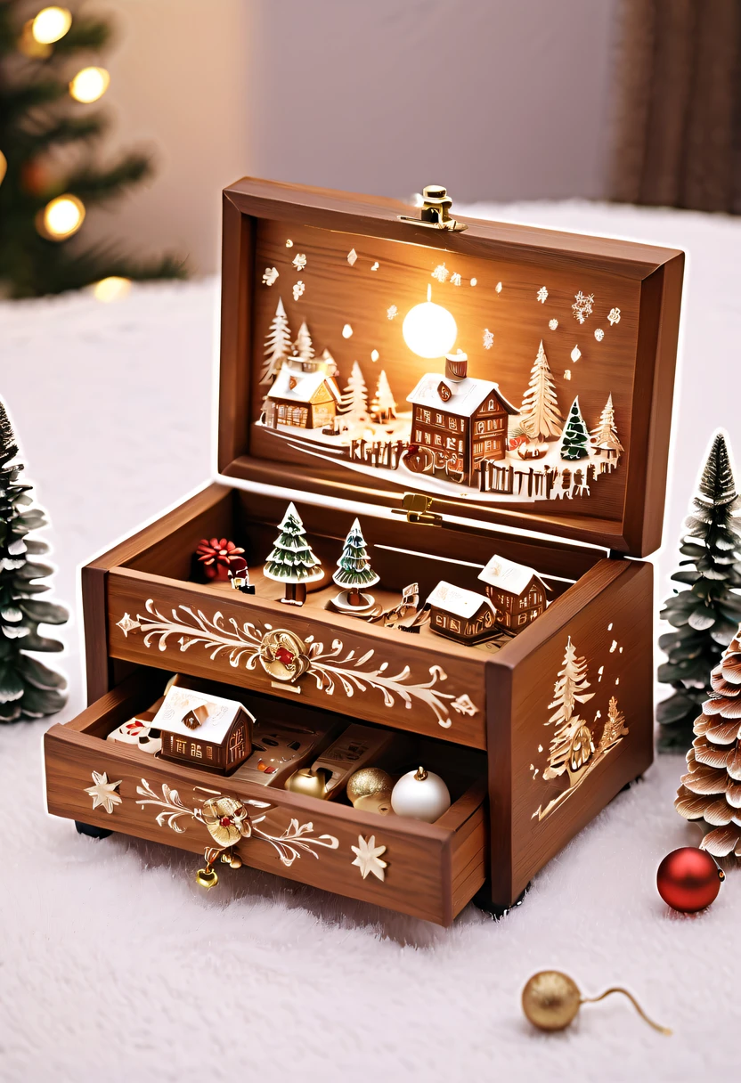 (actual) Christmas wooden music box,[Meticulous carving],Beautiful handmade decorations,retro aesthetic,magnificent design, complex wood grain,delicate craftsmanship,exquisite coiffure engraving,holiday theme, Captivating melody, nostalgic appeal, festive atmosphere,Soft glowing light, Charming winter scenery, Snow-covered landscape, Twinkling stars,Serene countryside, Cozy cottage, crackling fireplace, Hot cocoa, Christmas stockings, Happy family gathering, Carefully wrapped gift, Joyous celebration, Magical moments.