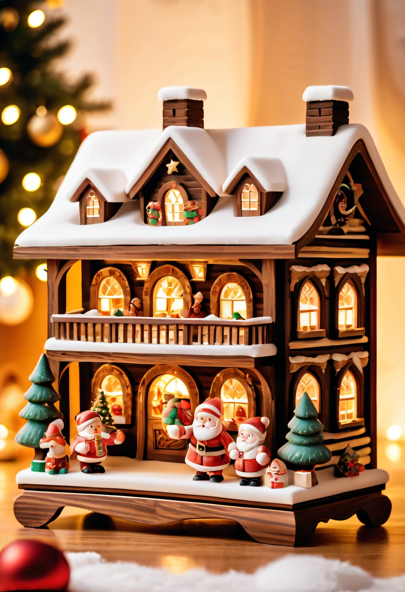 (actual) Christmas wooden music box,[Meticulous carving],Beautiful handmade decorations,retro aesthetic,magnificent design, complex wood grain,delicate craftsmanship,exquisite coiffure engraving,holiday theme, Captivating melody, nostalgic appeal, festive atmosphere,Soft glowing light, Charming winter scenery, Snow-covered landscape, Twinkling stars,Serene countryside, Cozy cottage, crackling fireplace, Hot cocoa, Christmas stockings, Happy family gathering, Carefully wrapped gift, Joyous celebration, Magical moments.