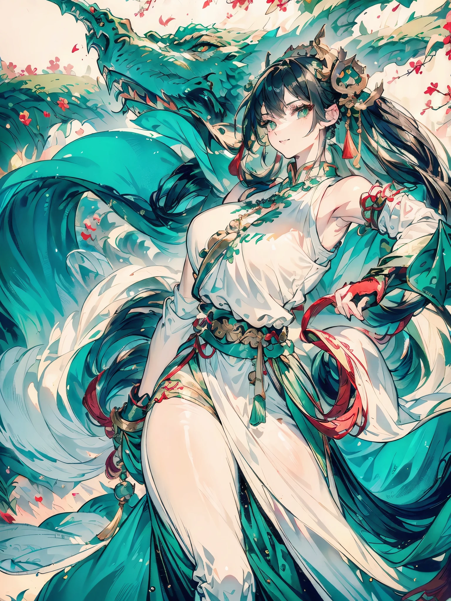 Women in Their 20s、green colored hair、Longhaire、Green eyes、Dragon horn、golden hair ornaments、White china clothes、jumpping、Smile、Dragon and Chinese cloud in the background