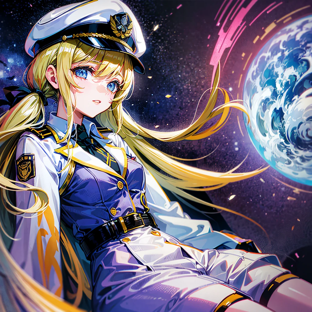 (((masterpiece)))、(((Top image quality)))、(((top-quality)))、(((highly detailed unity 8kwall-paper)))、(Illustration of one woman)、full bodyesbian、30-years old、(((neuter)))、((Blonde twintails))、Light golden eyes、((Tall))、(((Muscular and strong body)))、(((Split abs)))、(((muscular and thick arms)))、(((muscular and thick legs)))、(((manspreading)))、((Military uniforms))、((Military Cap))、((Military coat))、(white clothes)、(White pants)、(White cap)、trench coat、((Inside the spaceship、Sitting in the captain's seat)),(The universe outside the window、Earth seen from space)