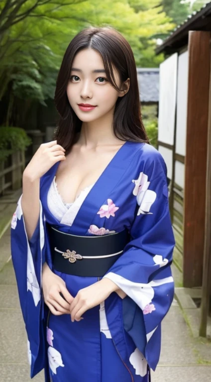 A woman with the same face as last time,4K、1Man Woman、Slender Abs、visiting a shrine、wear kimono、wearing Japanese kimono、The chest is open、no-bra、cleavage of the breast、captivating and enticing、full body Esbian.Attractive position、 Including face and skin texture.,Detailed eyes、Seducting look