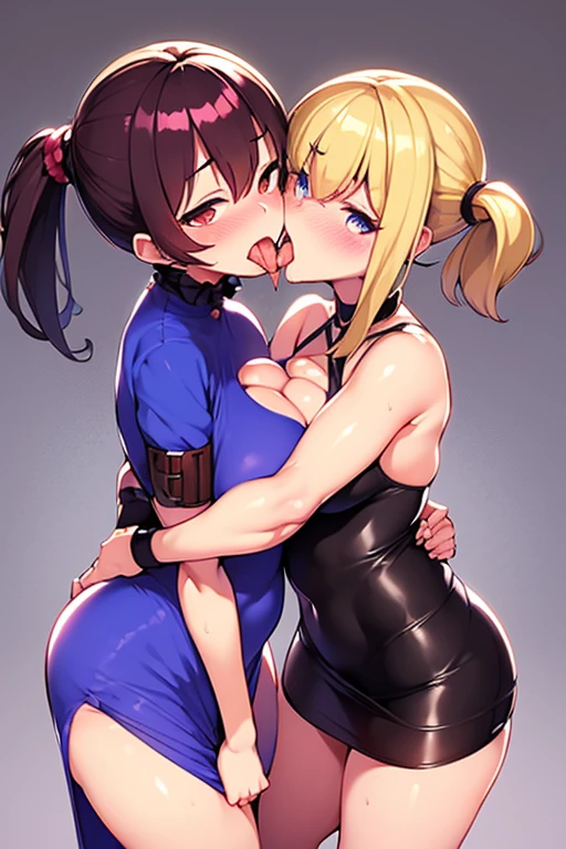 masutepiece,best qualtiy,1girl in,the sausage_tonguetongue,blush,tongue、twogirls、lick together、Girls facing each other、kiss while hugging、huge tit、Tight dress