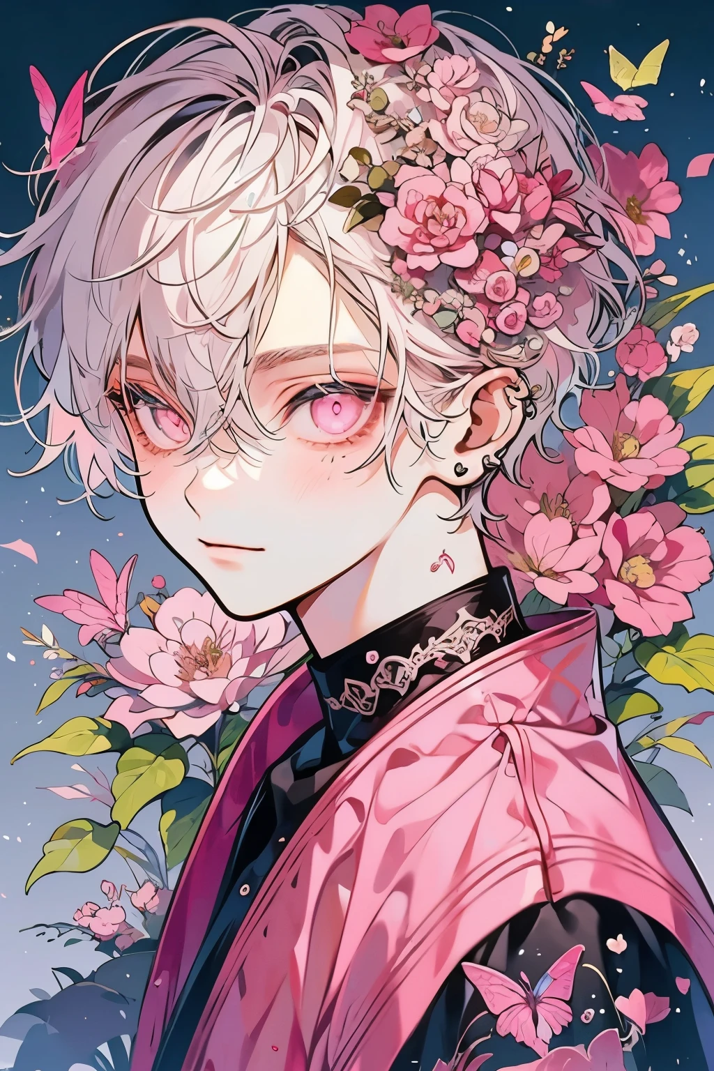 (masutepiece), (Best Quality), Highly detailed, 1 boy, Solo Focus，Perfect face, Beautiful face, extra detailed face，(white  hair:1.3)，(Pink eyes:1.3)，florals，butterflys々，floralsびら，optic，a smile