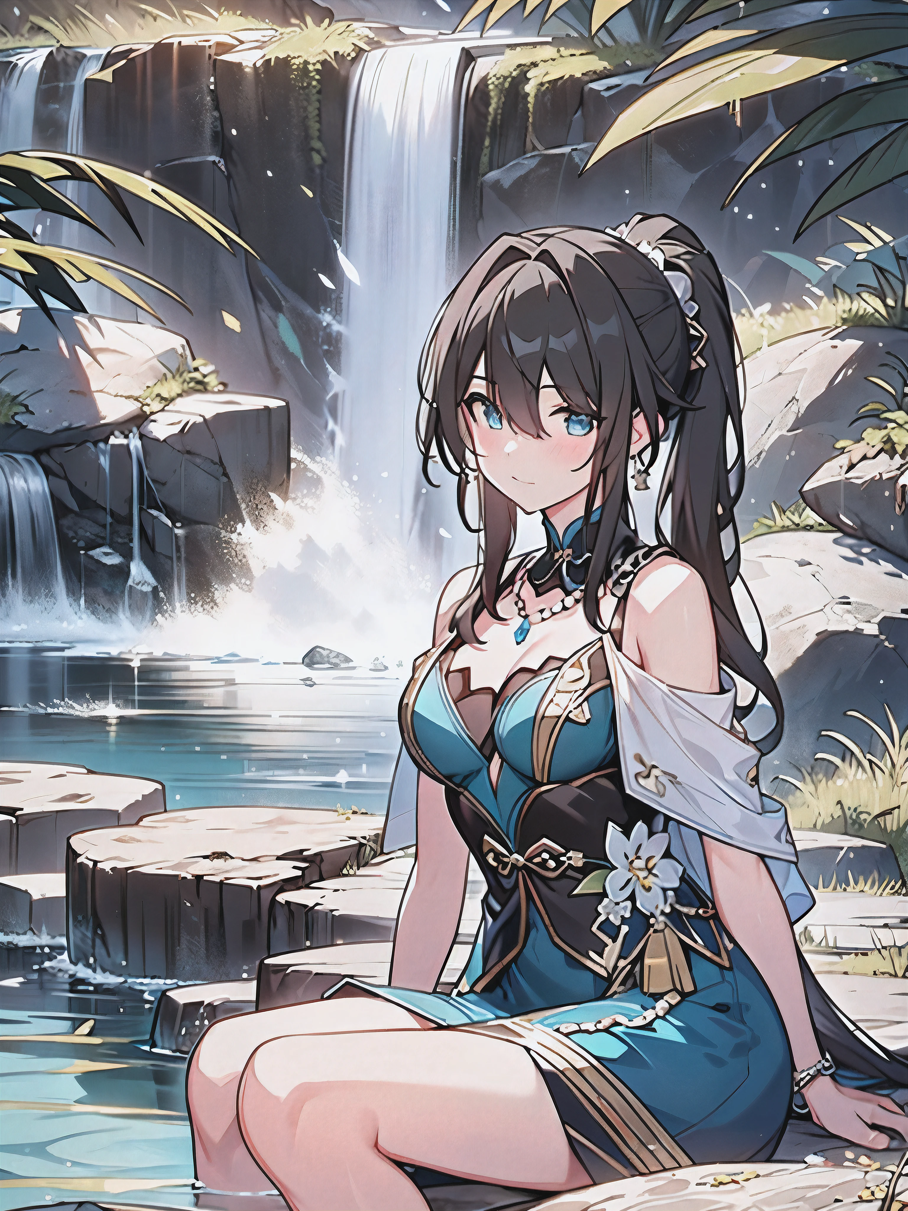 Chinese ancient times, spring, jungle, lake, cave, waterfall, tree, meadow, rock, deer, hot spring, water vapor, (illustration: 1.0), epic composition, realistic lighting, HD details, masterpiece, best quality, (very detailed CG unified 8k wallpaper), 1girl sitting on the grass, black haired girl, bare shoulders, ruan mei dress, close up, upper body, blue green mixed eyes, front hair covers one eye, one big black ponytail, waves striking on rocks, (water particles:1.2), (saturation:1.4), FULL BODY, legs in river, blushed